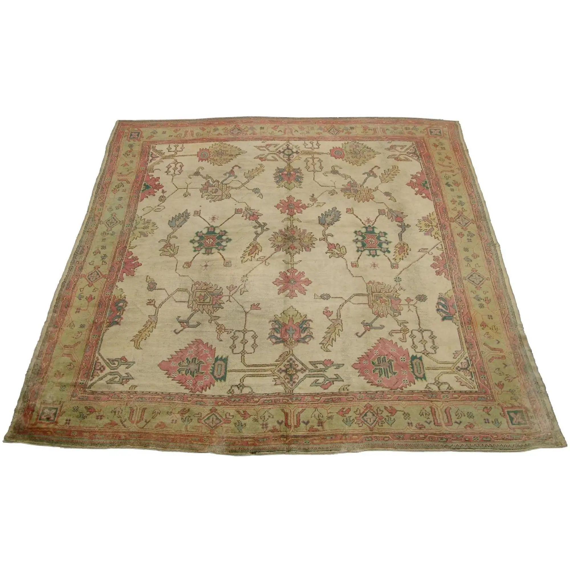 Early 20th Century Antique Turkish Oushak Floral Design Rug 11'6''x10'8' For Sale