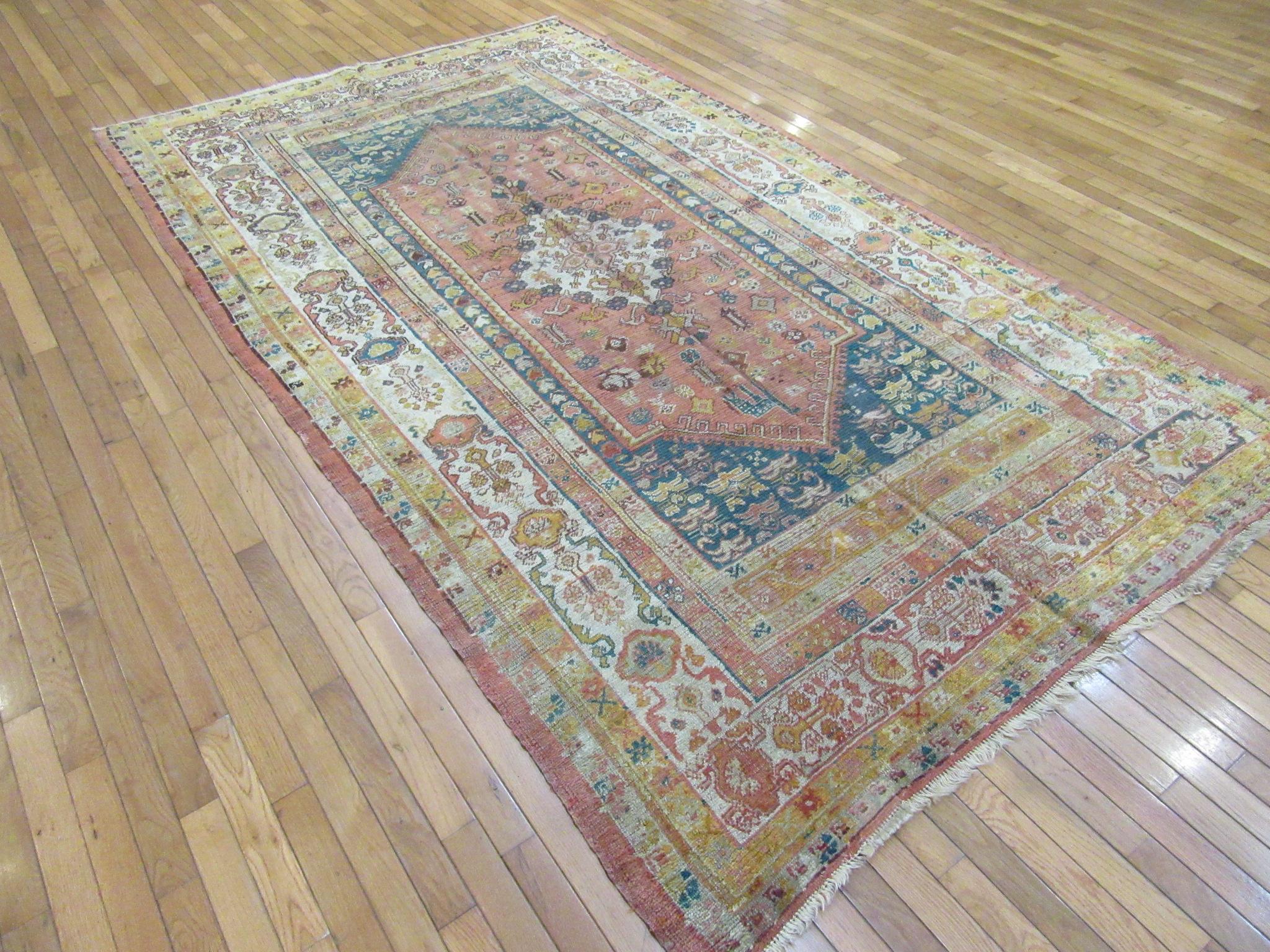 Antique Hand Knotted Angora Wool Turkish Oushak Rug For Sale 5