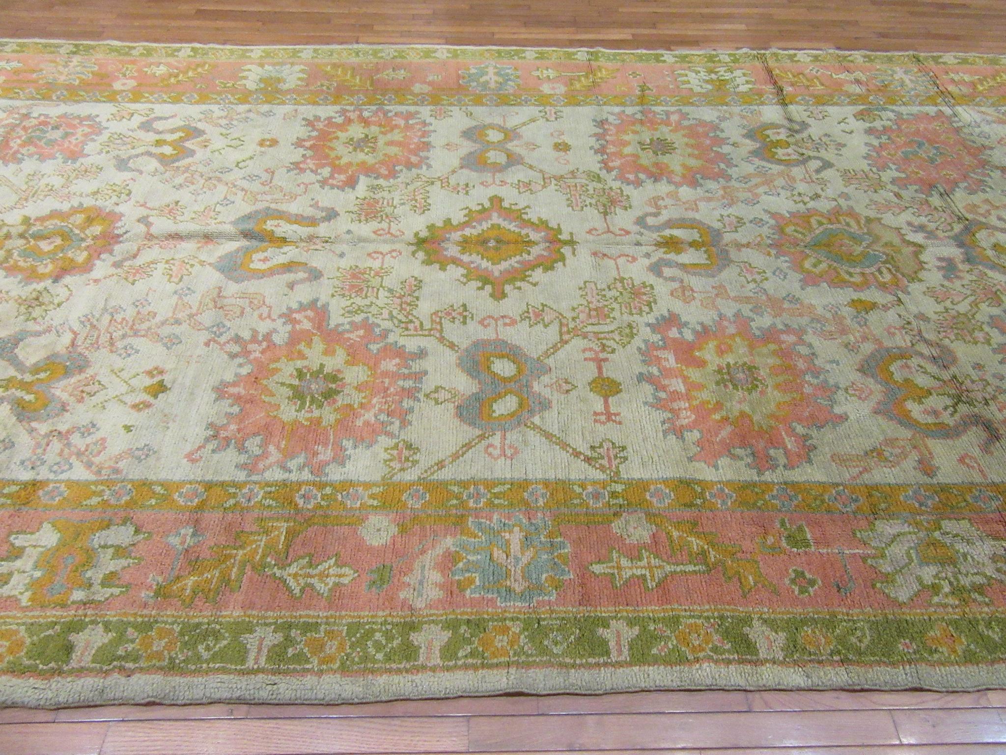 Antique Handmade Gallery Size Ivory, Green Coral Wool Turkish Oushak Rug For Sale 5