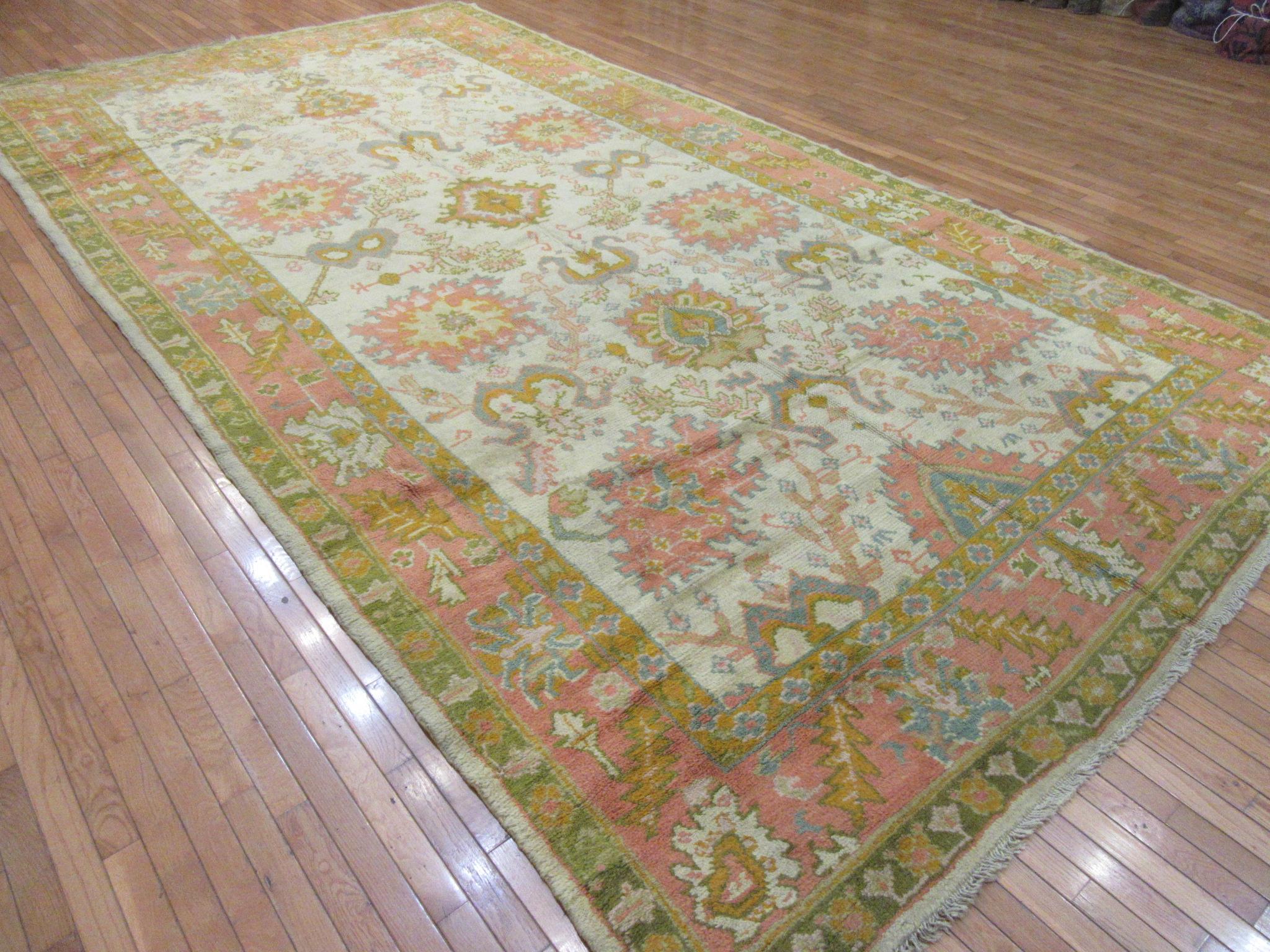 Antique Handmade Gallery Size Ivory, Green Coral Wool Turkish Oushak Rug For Sale 6