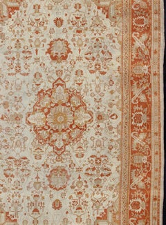 Antique Turkish Floral Oushak Rug in Cream,  Rust Red, Orange and Green