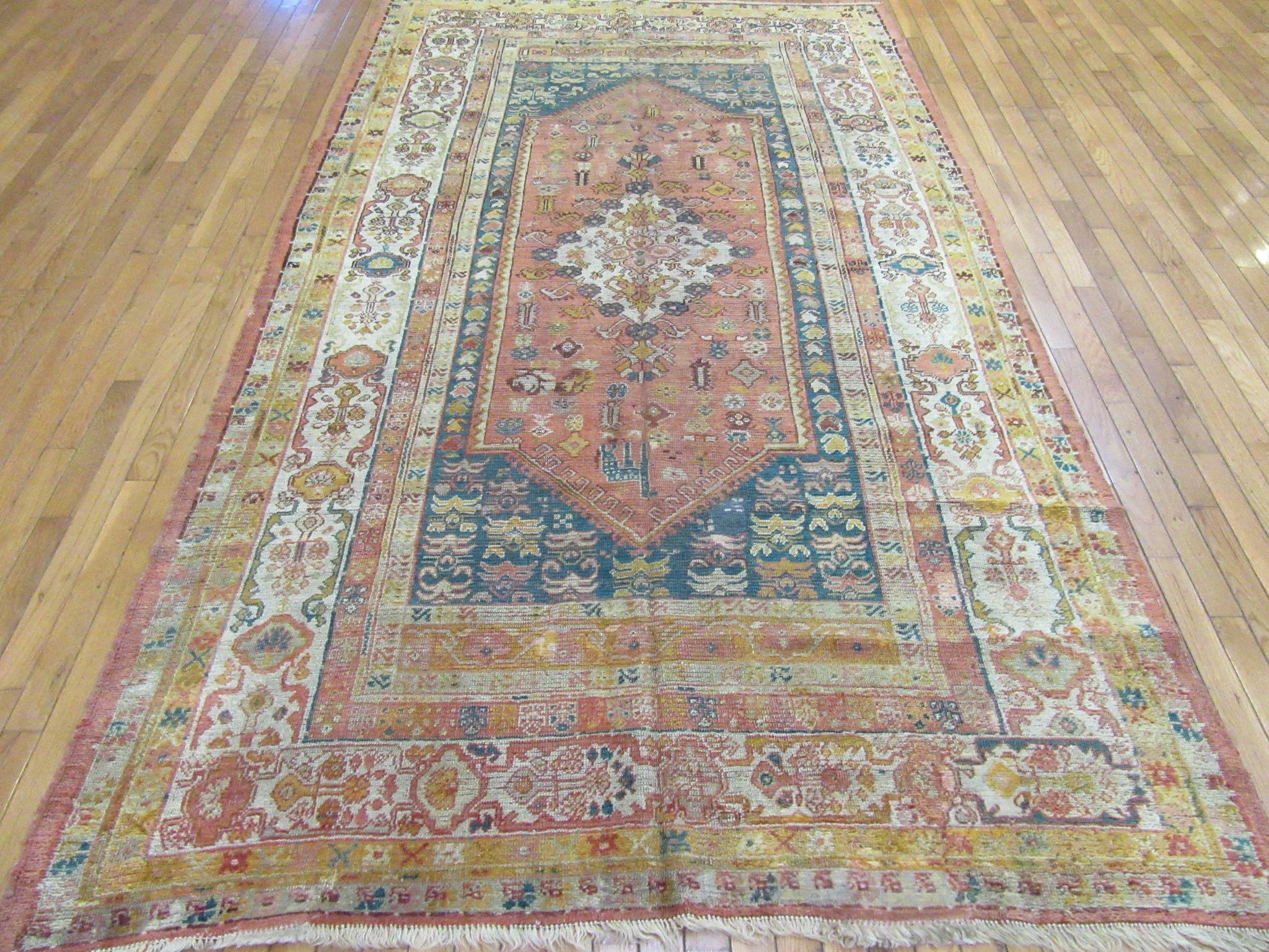 Hand-Knotted Antique Hand Knotted Angora Wool Turkish Oushak Rug For Sale
