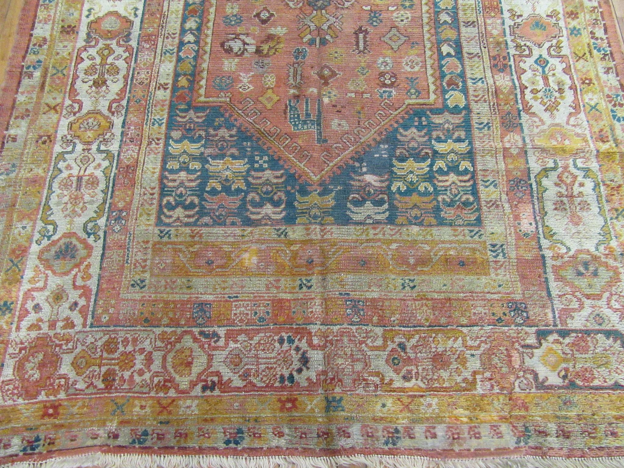 Antique Hand Knotted Angora Wool Turkish Oushak Rug In Good Condition For Sale In Atlanta, GA