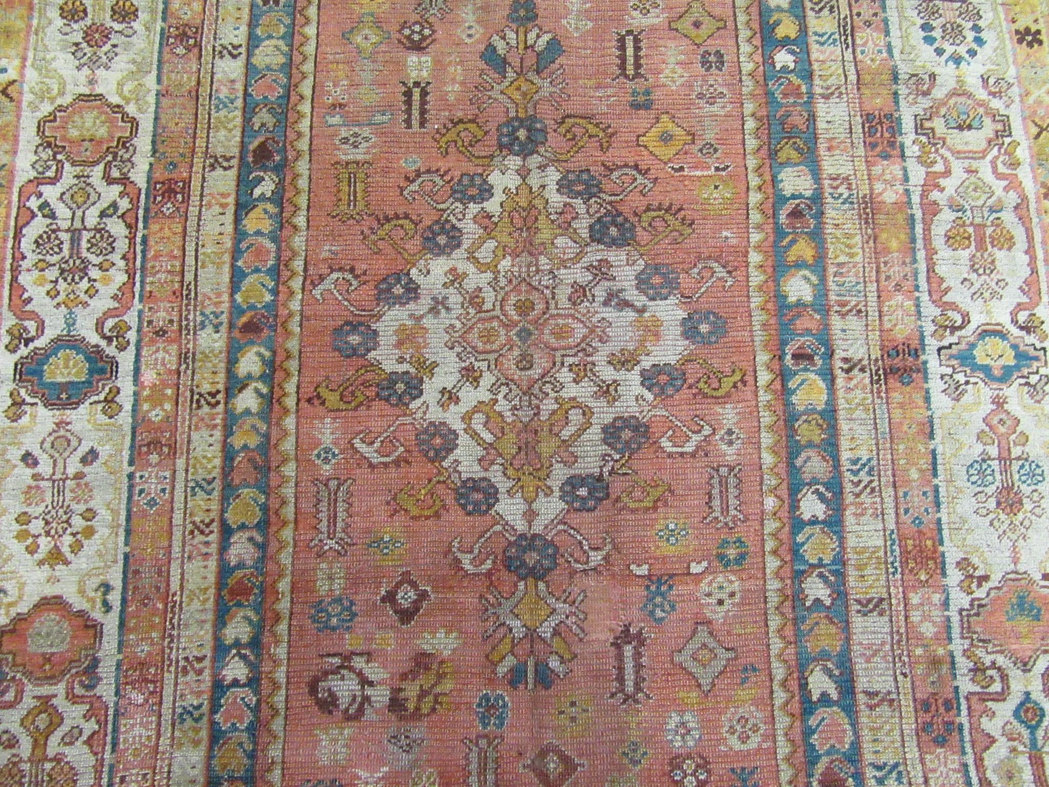 Early 20th Century Antique Hand Knotted Angora Wool Turkish Oushak Rug For Sale
