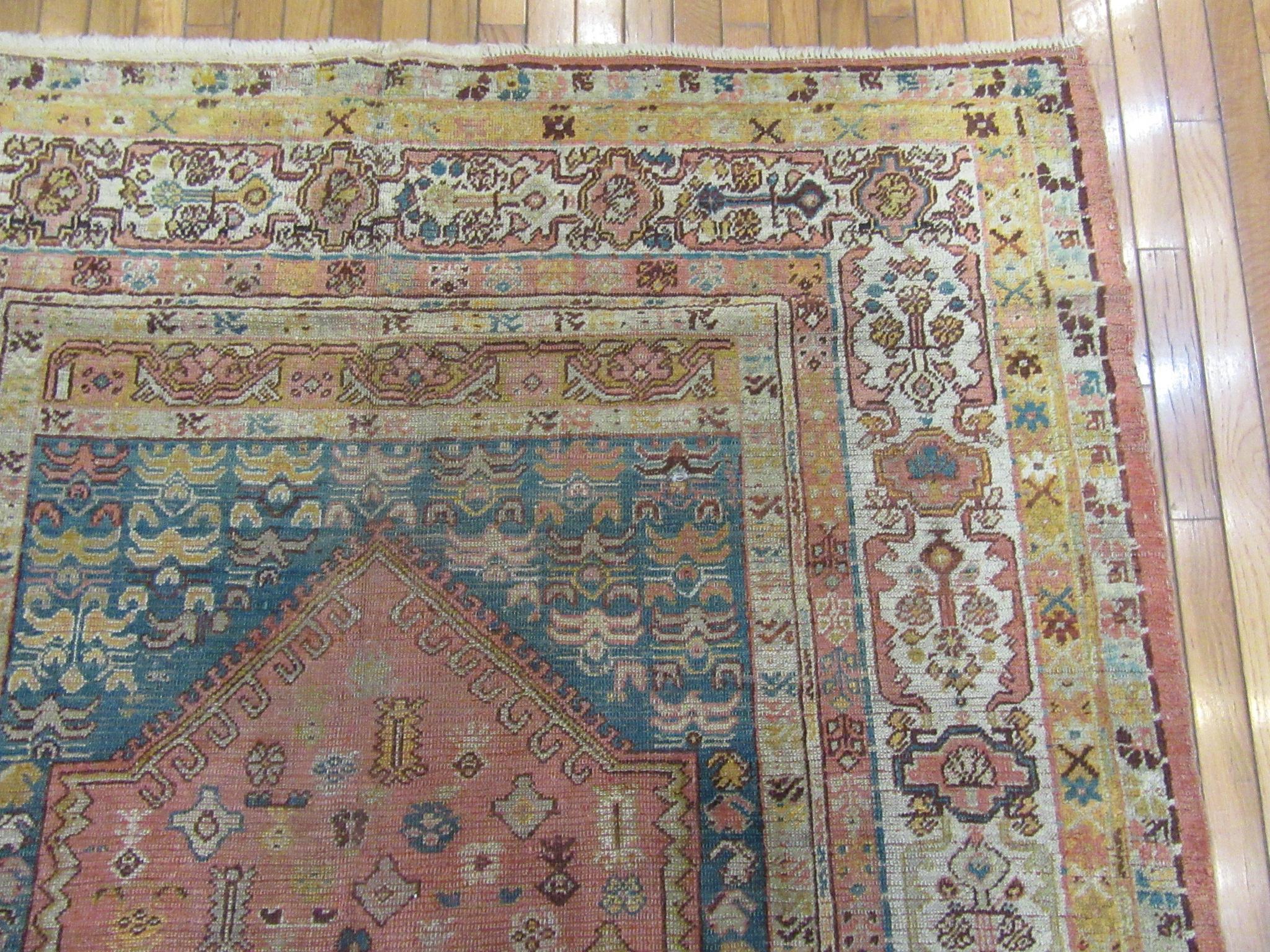 Antique Hand Knotted Angora Wool Turkish Oushak Rug For Sale 1