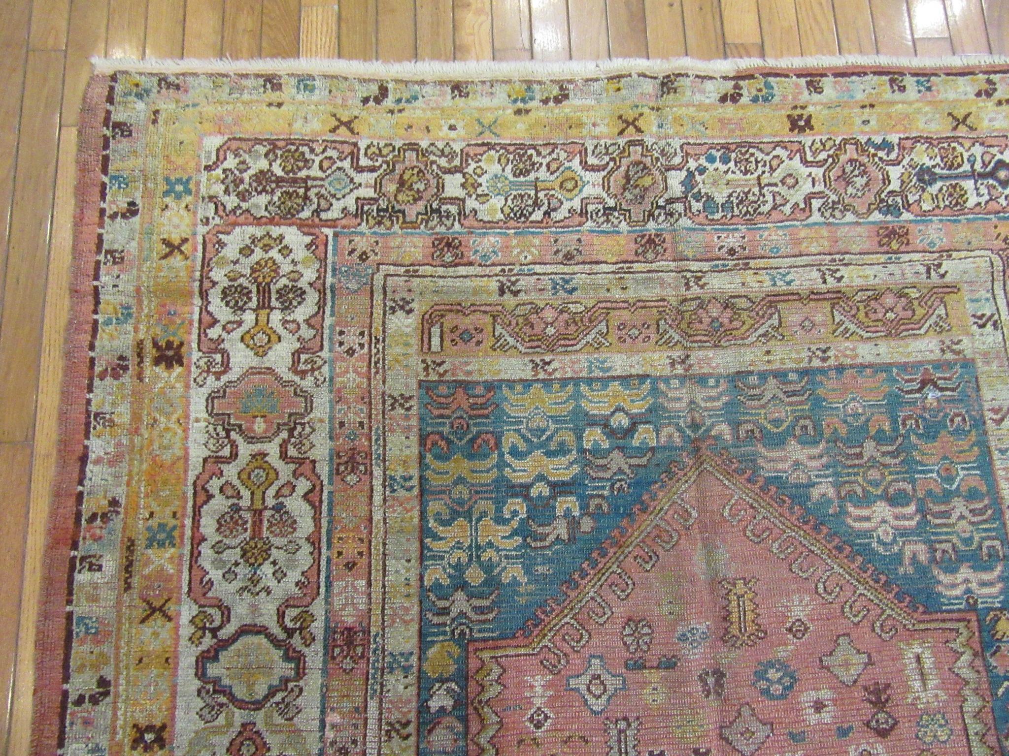 Antique Hand Knotted Angora Wool Turkish Oushak Rug For Sale 2