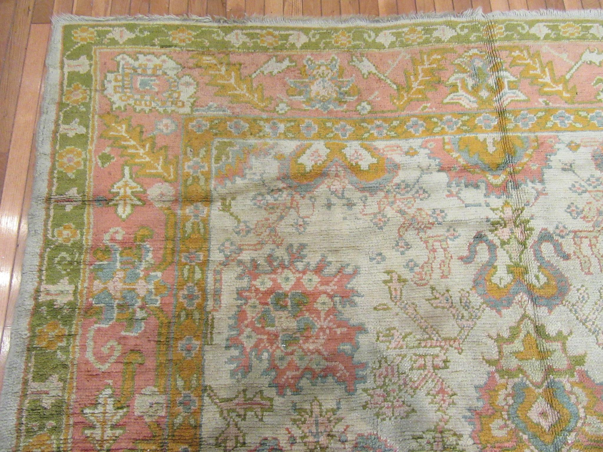Antique Handmade Gallery Size Ivory, Green Coral Wool Turkish Oushak Rug For Sale 2
