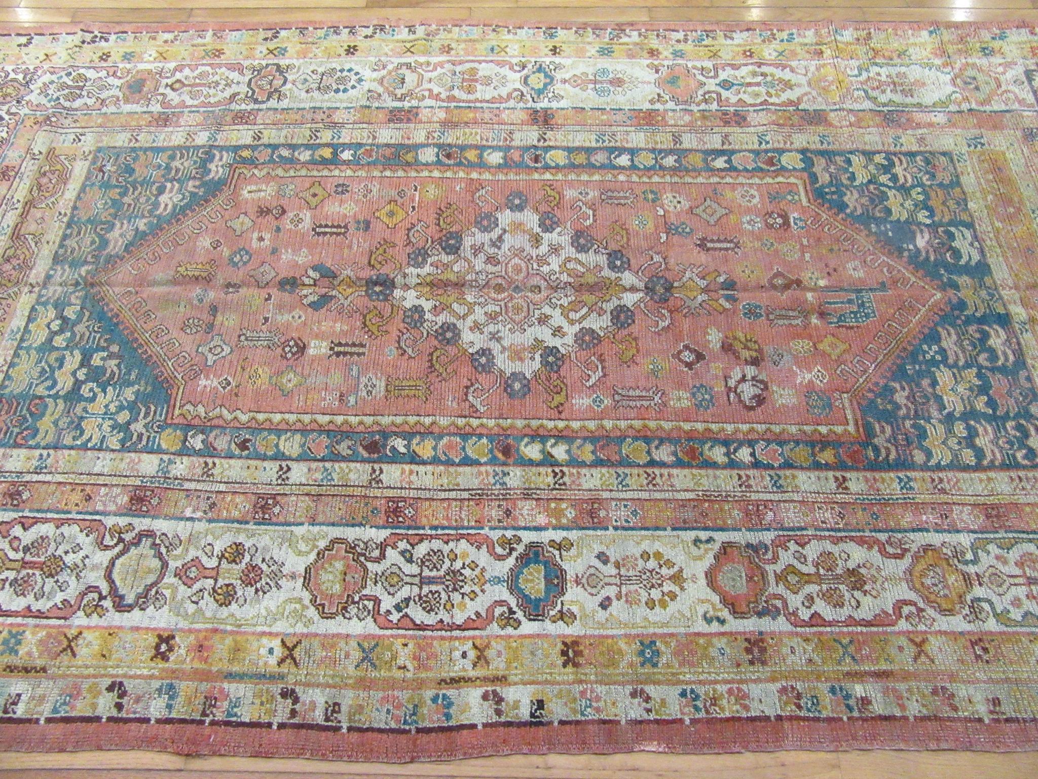 Antique Hand Knotted Angora Wool Turkish Oushak Rug For Sale 3