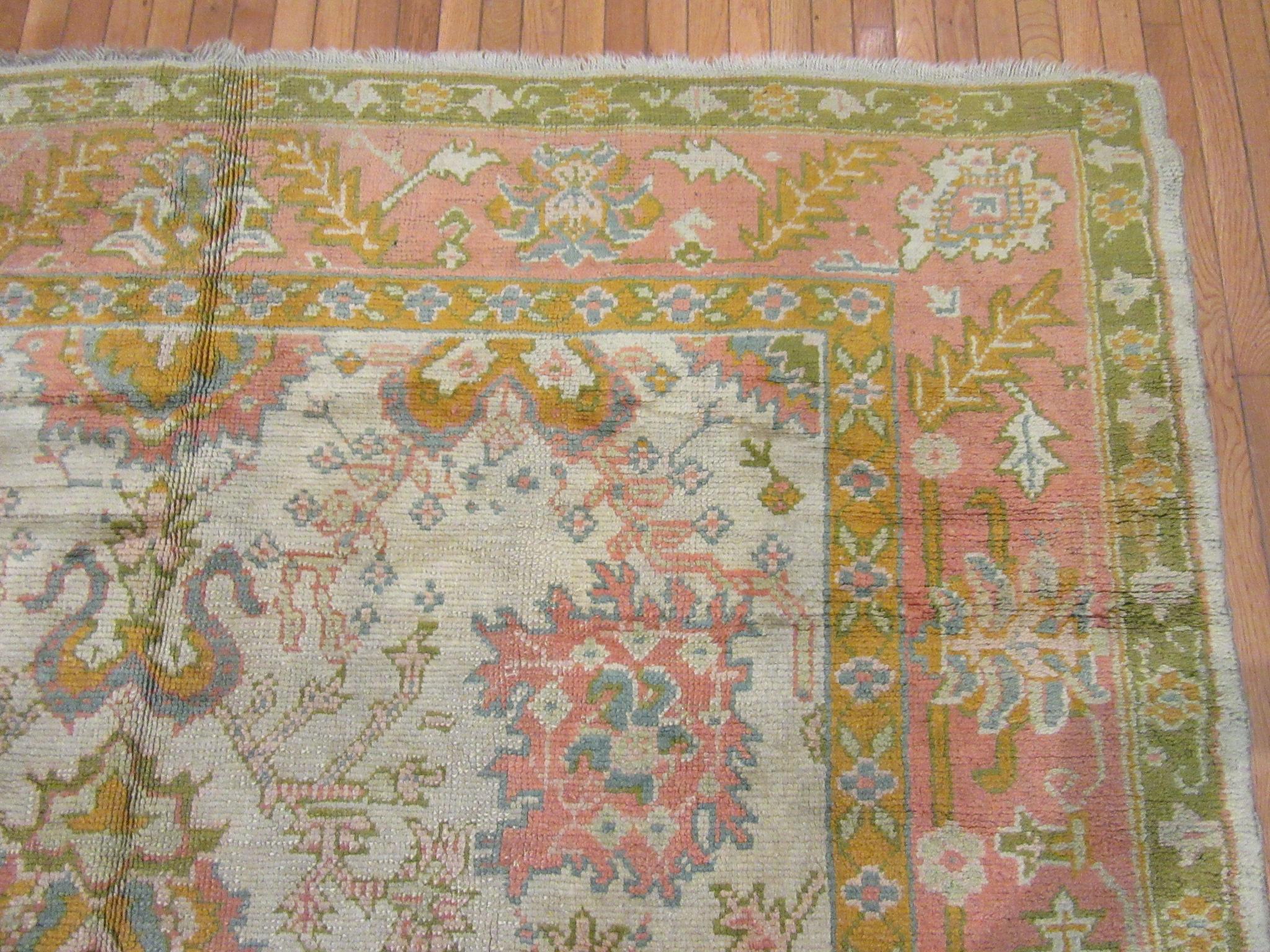 Antique Handmade Gallery Size Ivory, Green Coral Wool Turkish Oushak Rug For Sale 3