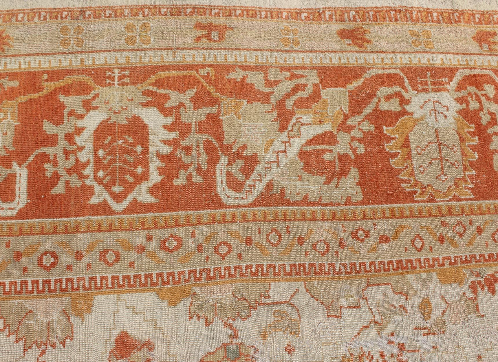 Antique Turkish Floral Oushak Rug in Cream,  Rust Red, Orange and Green For Sale 2