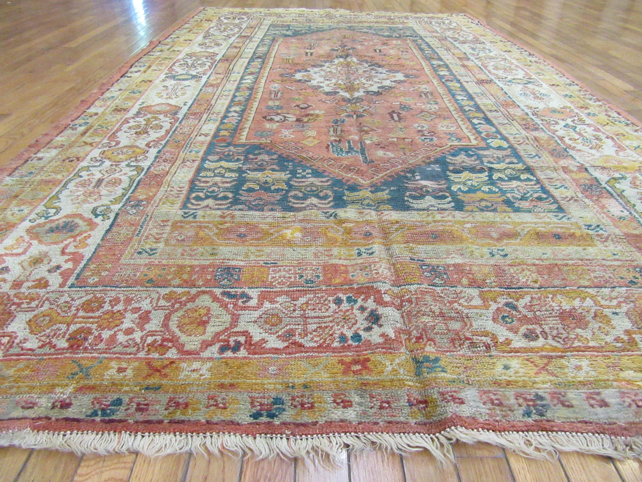 Antique Hand Knotted Angora Wool Turkish Oushak Rug For Sale 4