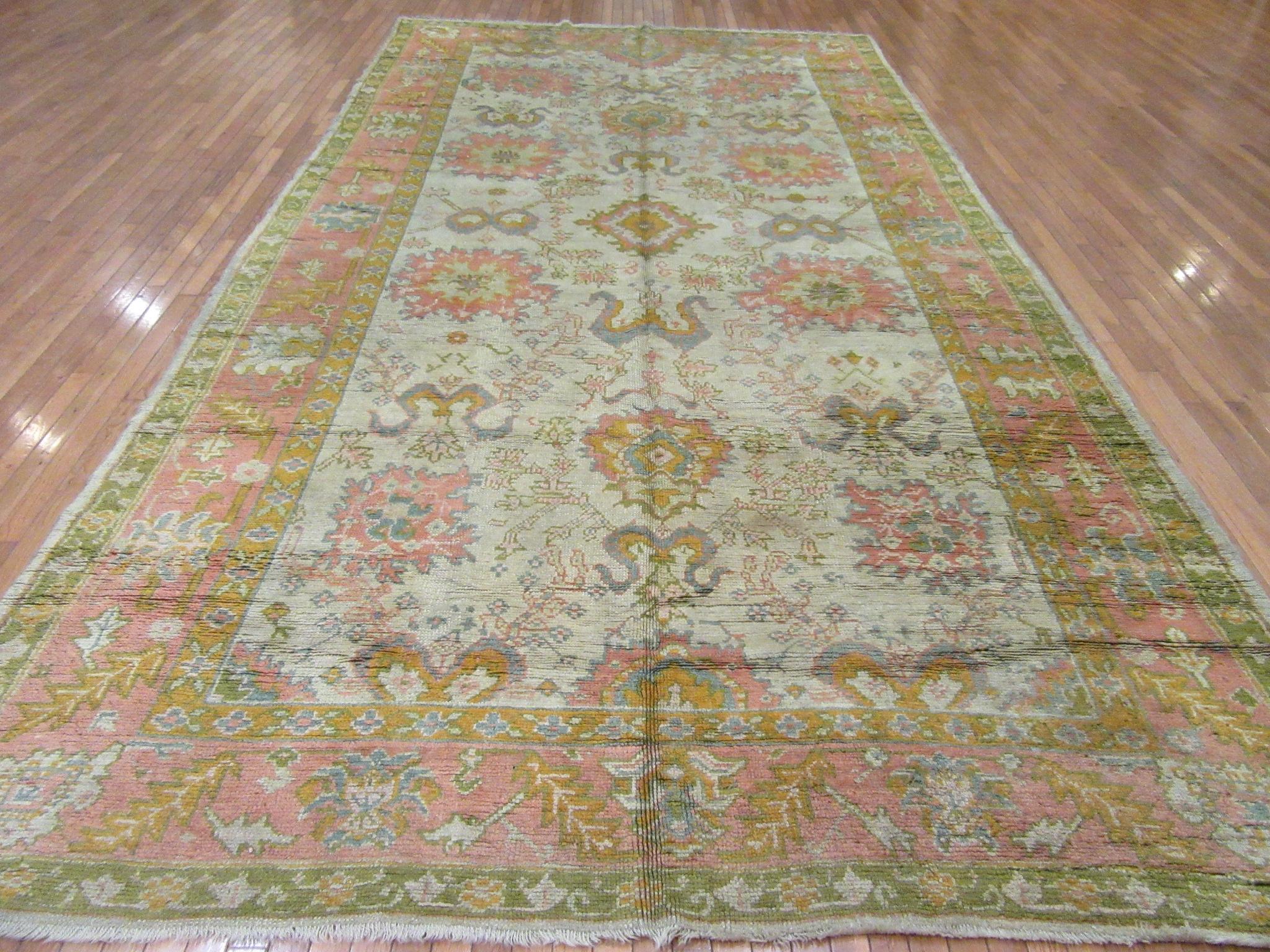 Antique Handmade Gallery Size Ivory, Green Coral Wool Turkish Oushak Rug For Sale 4