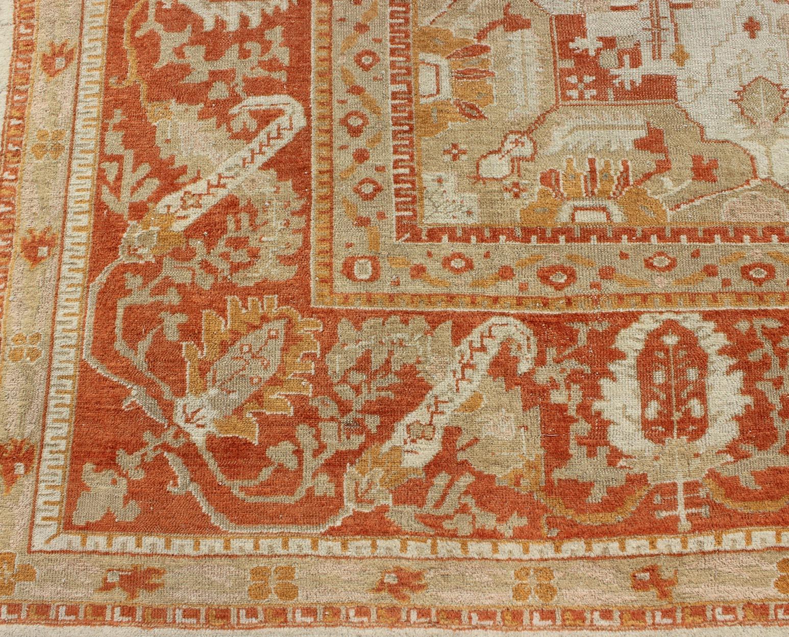 Antique Turkish Floral Oushak Rug in Cream,  Rust Red, Orange and Green For Sale 3