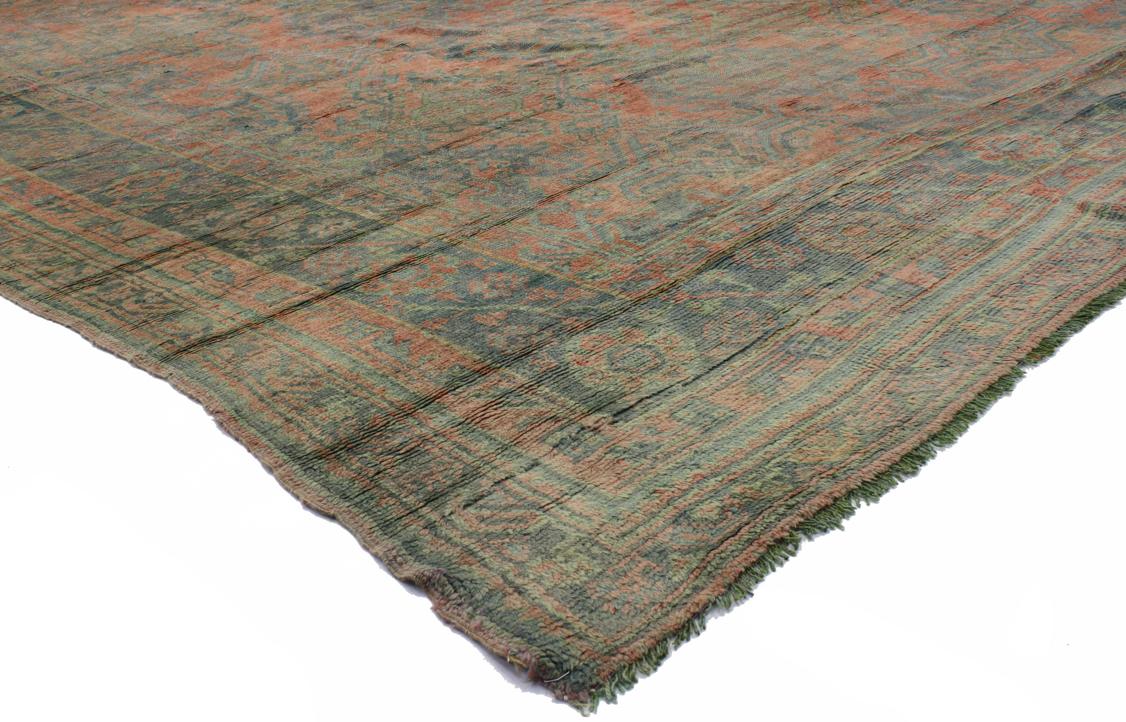 72625 Antique Turkish Oushak Rug with Rustic Aesthetic Movement Style, Palace Size Rug 13'09  X 20'04. This hand-knotted wool antique Turkish Oushak rug not only carries deep meaning woven within the piece, but it is also very similar to the Oushak