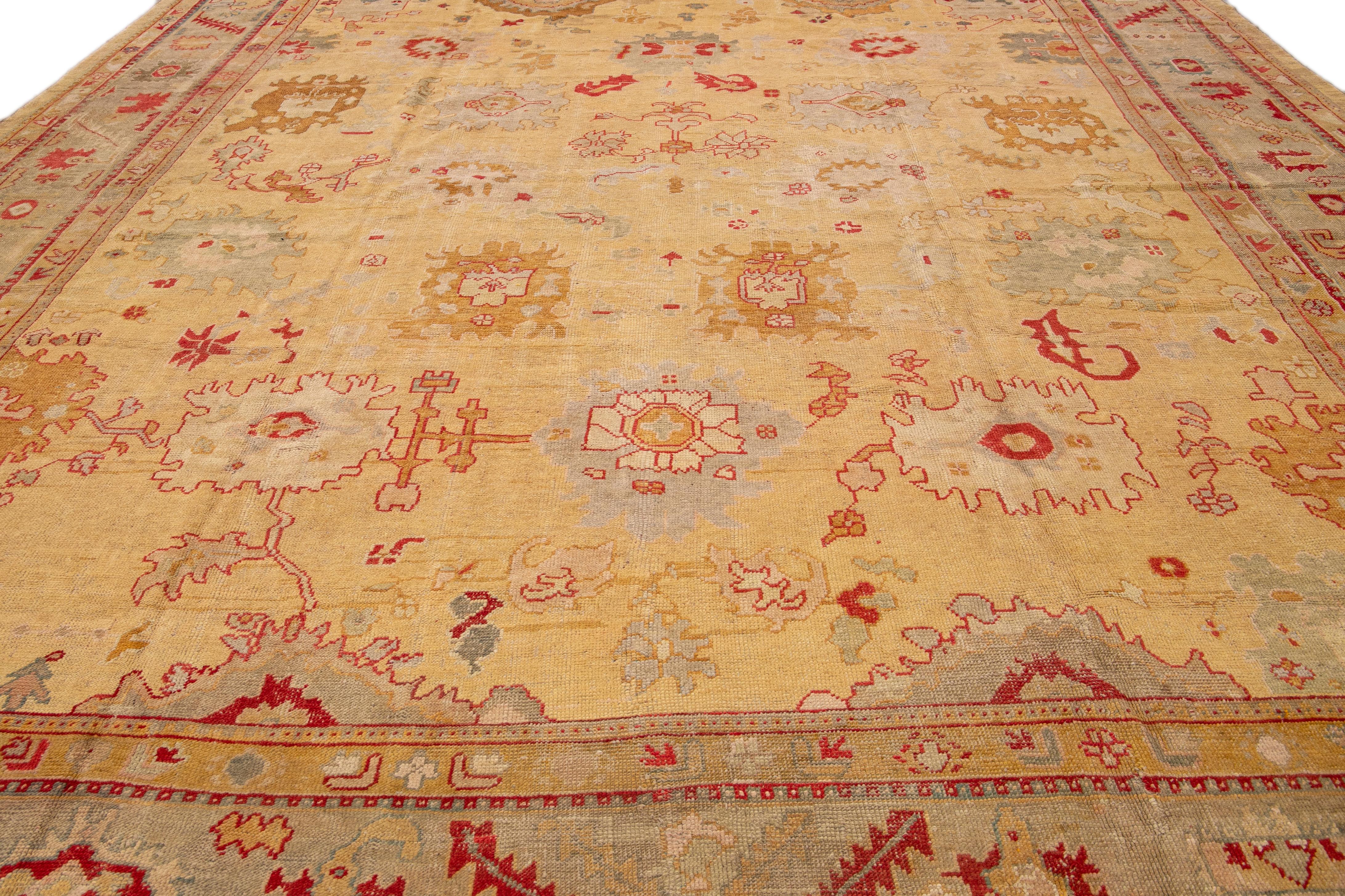 Hand-Knotted Antique Turkish Oushak Goldenrod Handmade Square Wool Rug For Sale