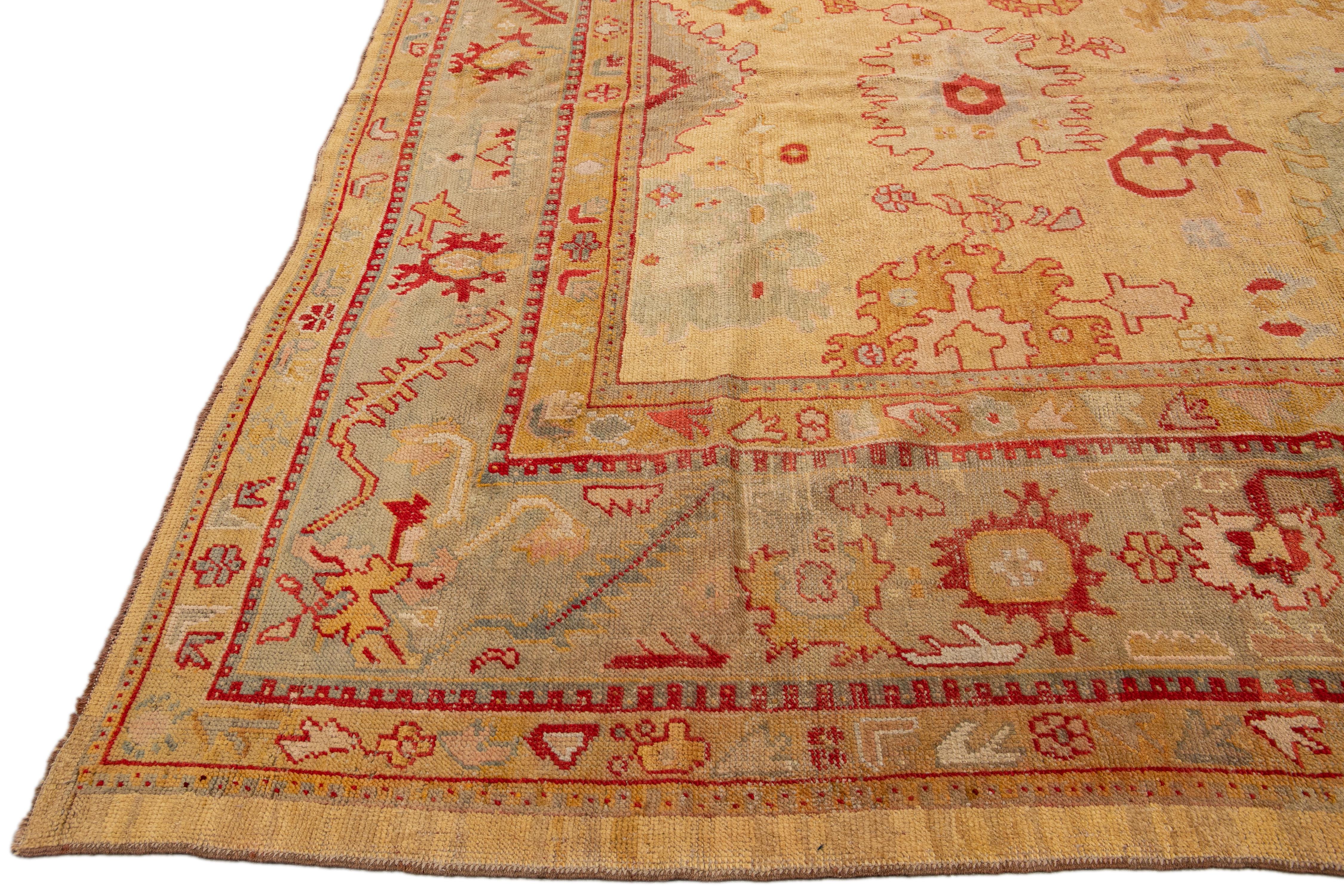 Antique Turkish Oushak Goldenrod Handmade Square Wool Rug In Good Condition For Sale In Norwalk, CT
