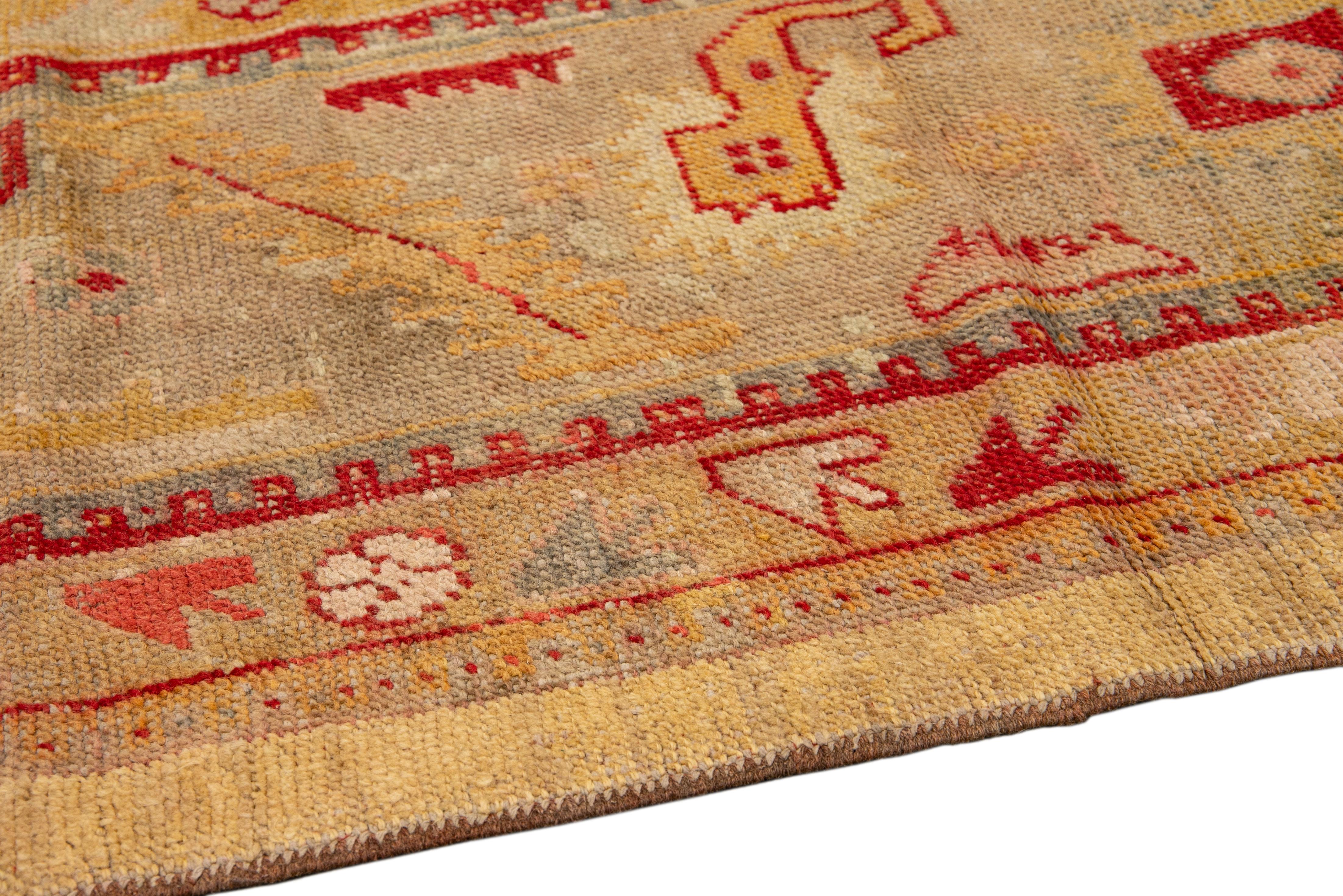 Antique Turkish Oushak Goldenrod Handmade Square Wool Rug For Sale 1