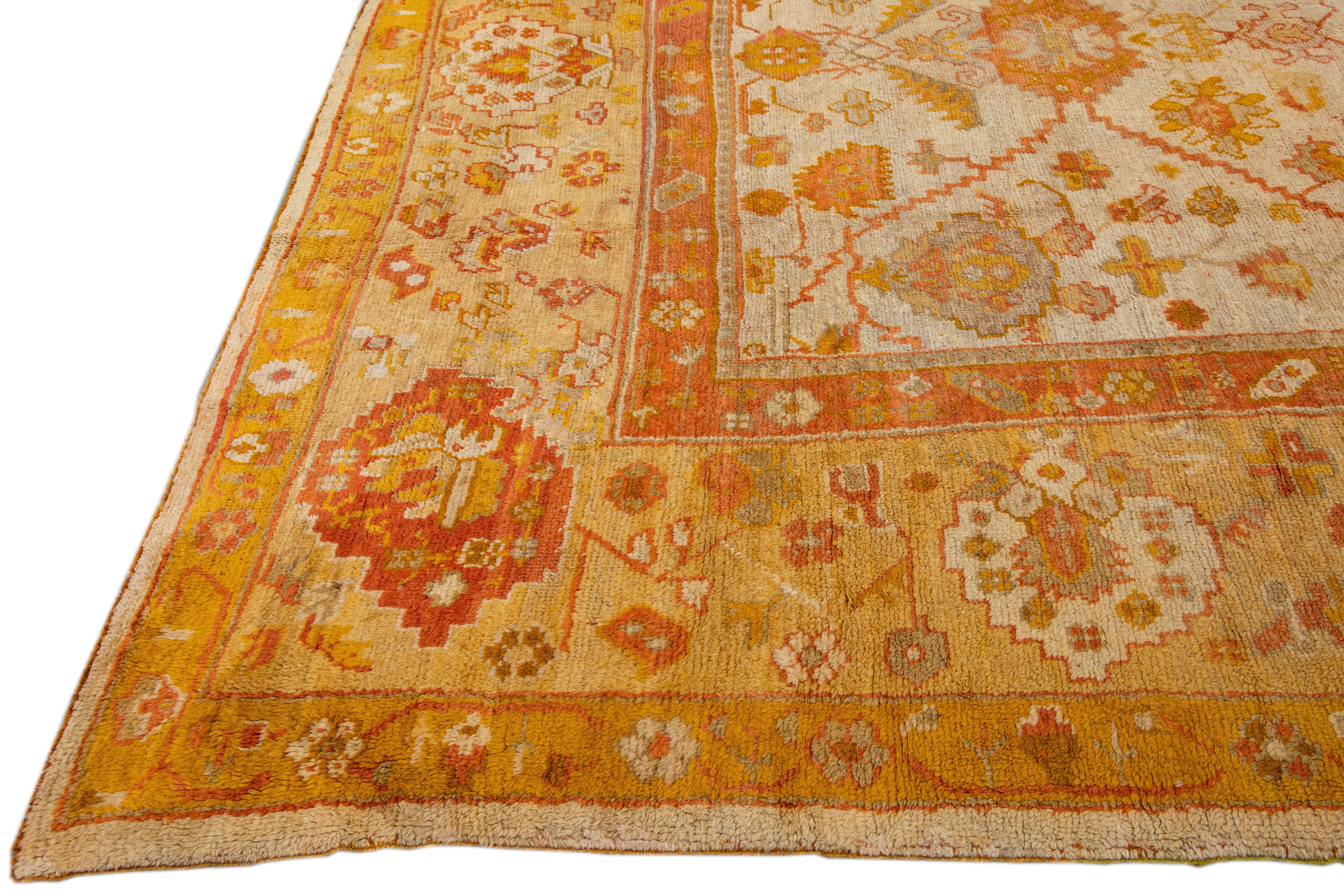 Antique Turkish Oushak Handmade Allover Designed Beige and Orange Wool Rug In Excellent Condition For Sale In Norwalk, CT