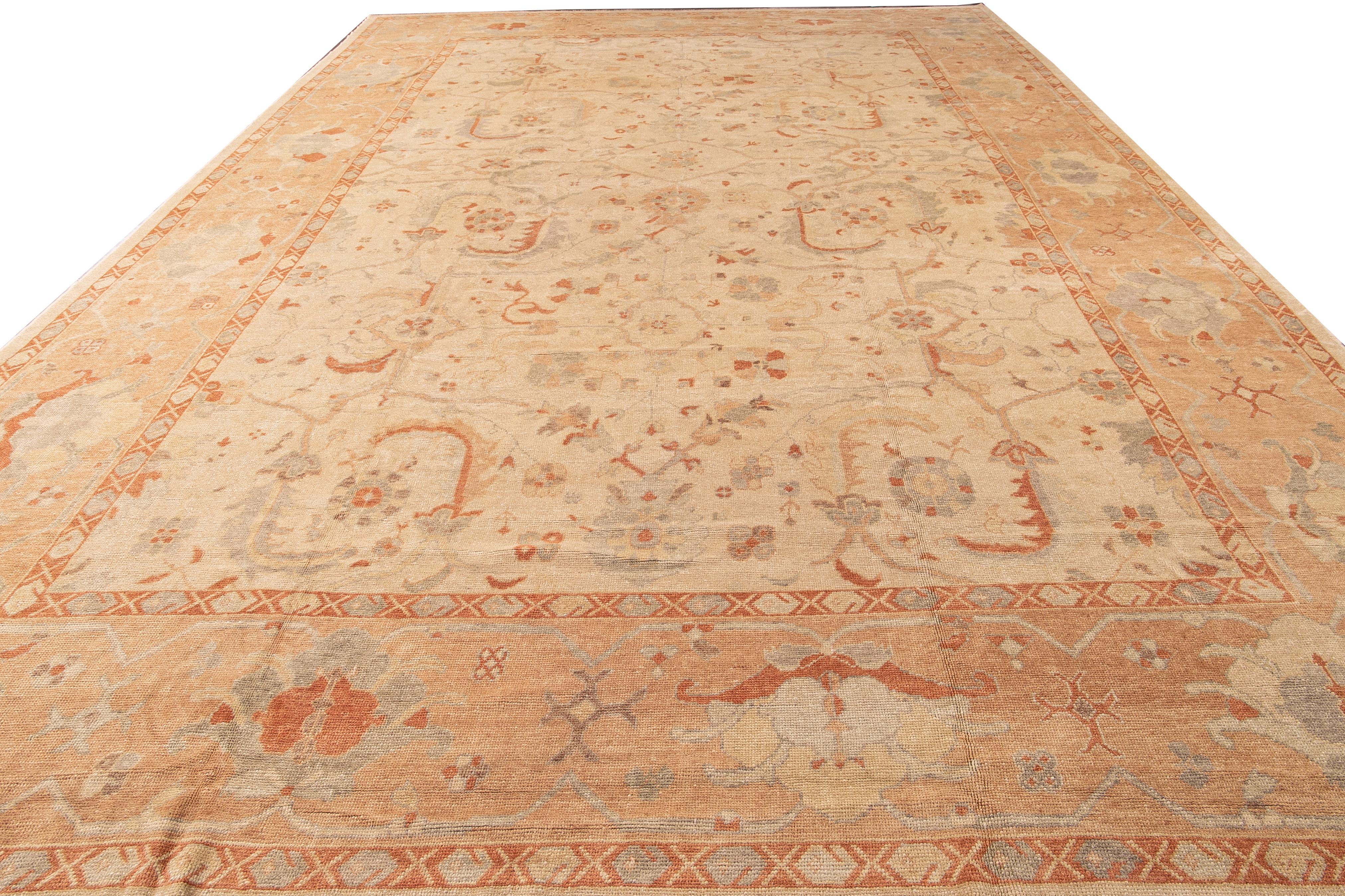 Hand-Knotted Antique Turkish Oushak Handmade Beige and Peach Floral Oversize Wool Rug For Sale