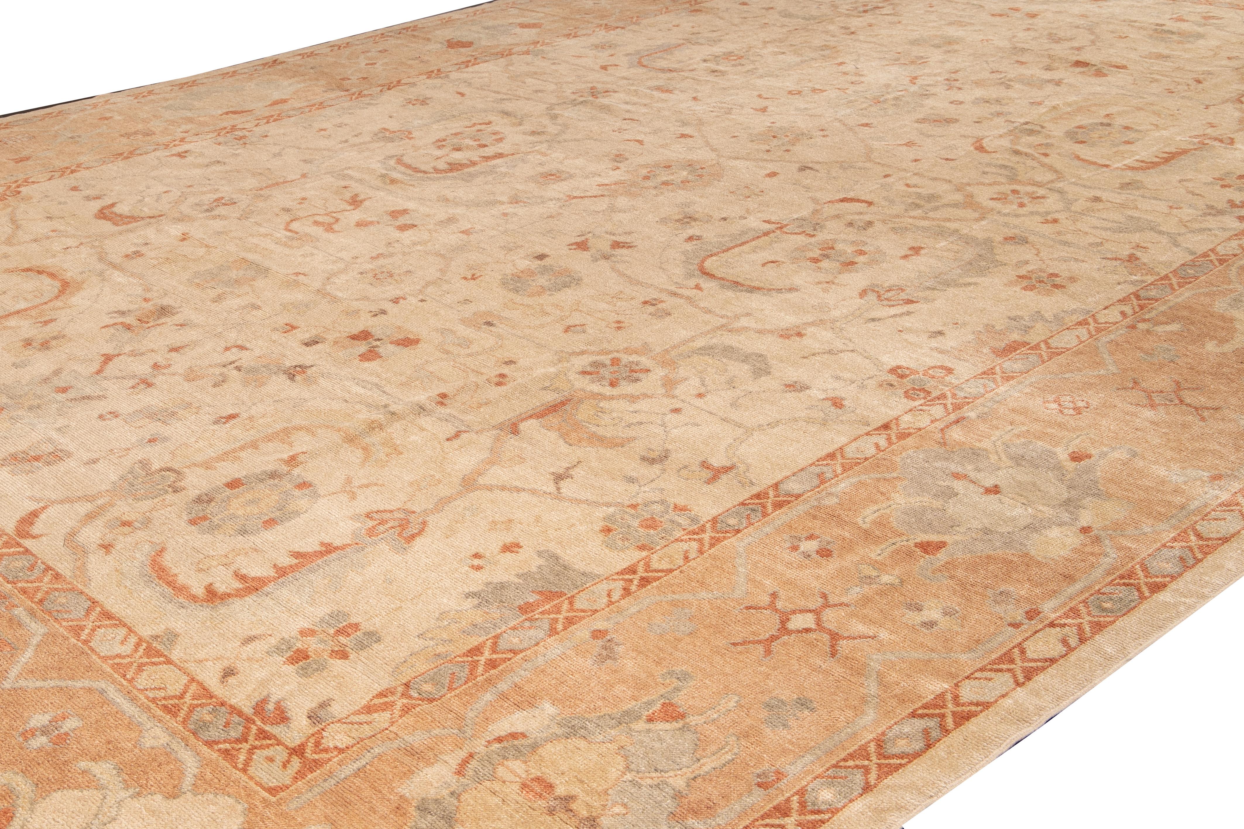 Late 19th Century Antique Turkish Oushak Handmade Beige and Peach Floral Oversize Wool Rug For Sale