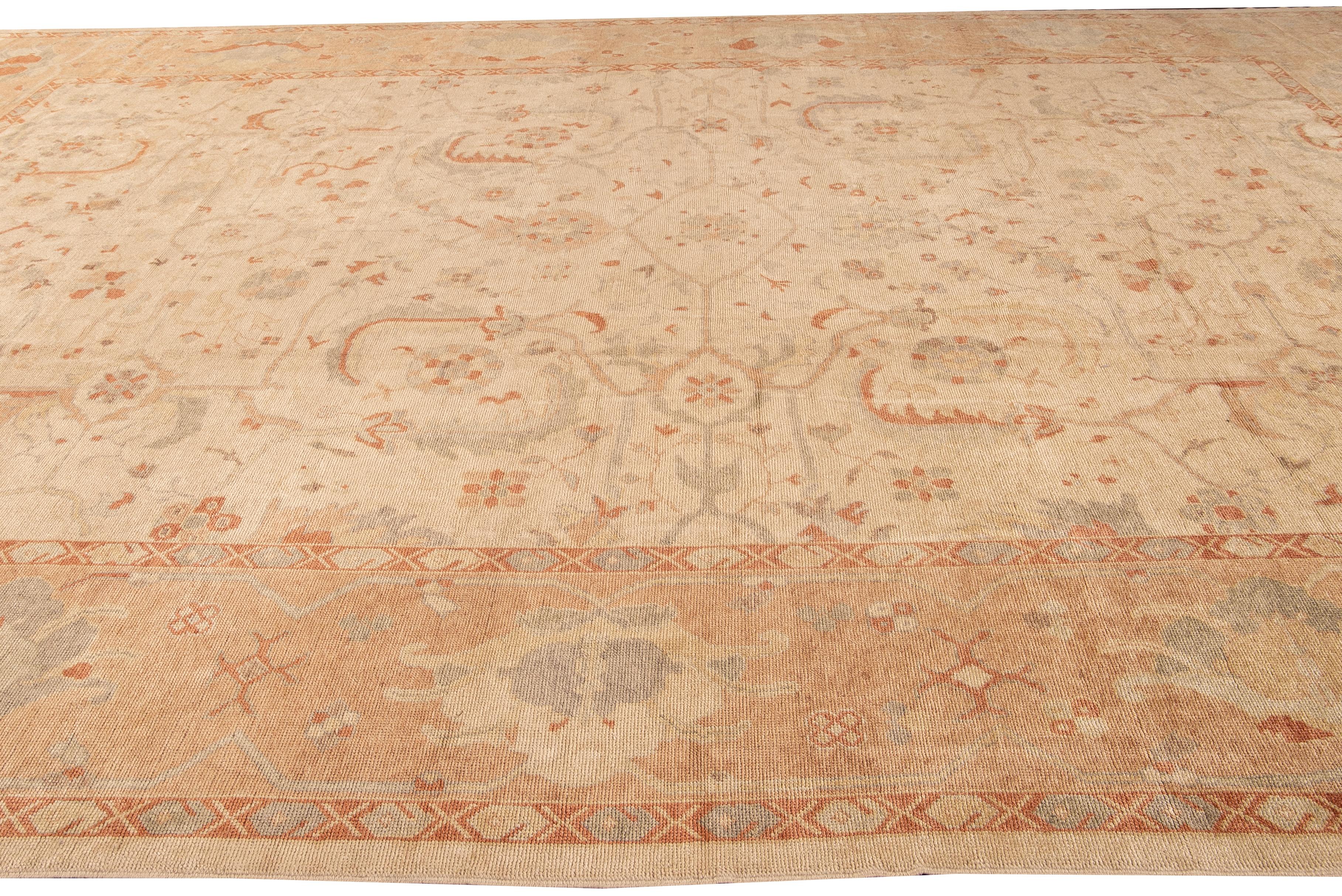Antique Turkish Oushak Handmade Beige and Peach Floral Oversize Wool Rug For Sale 1
