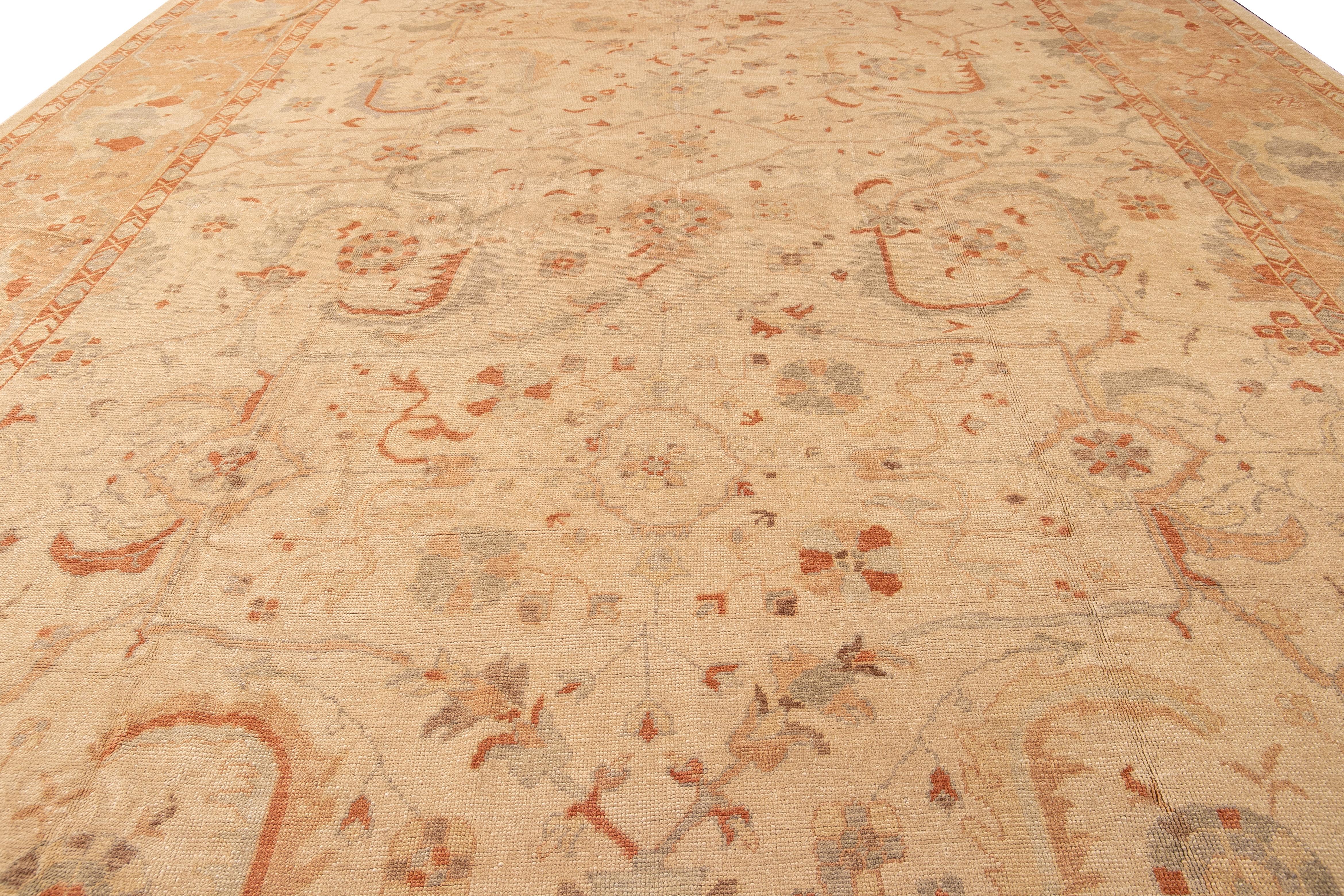 Antique Turkish Oushak Handmade Beige and Peach Floral Oversize Wool Rug For Sale 3