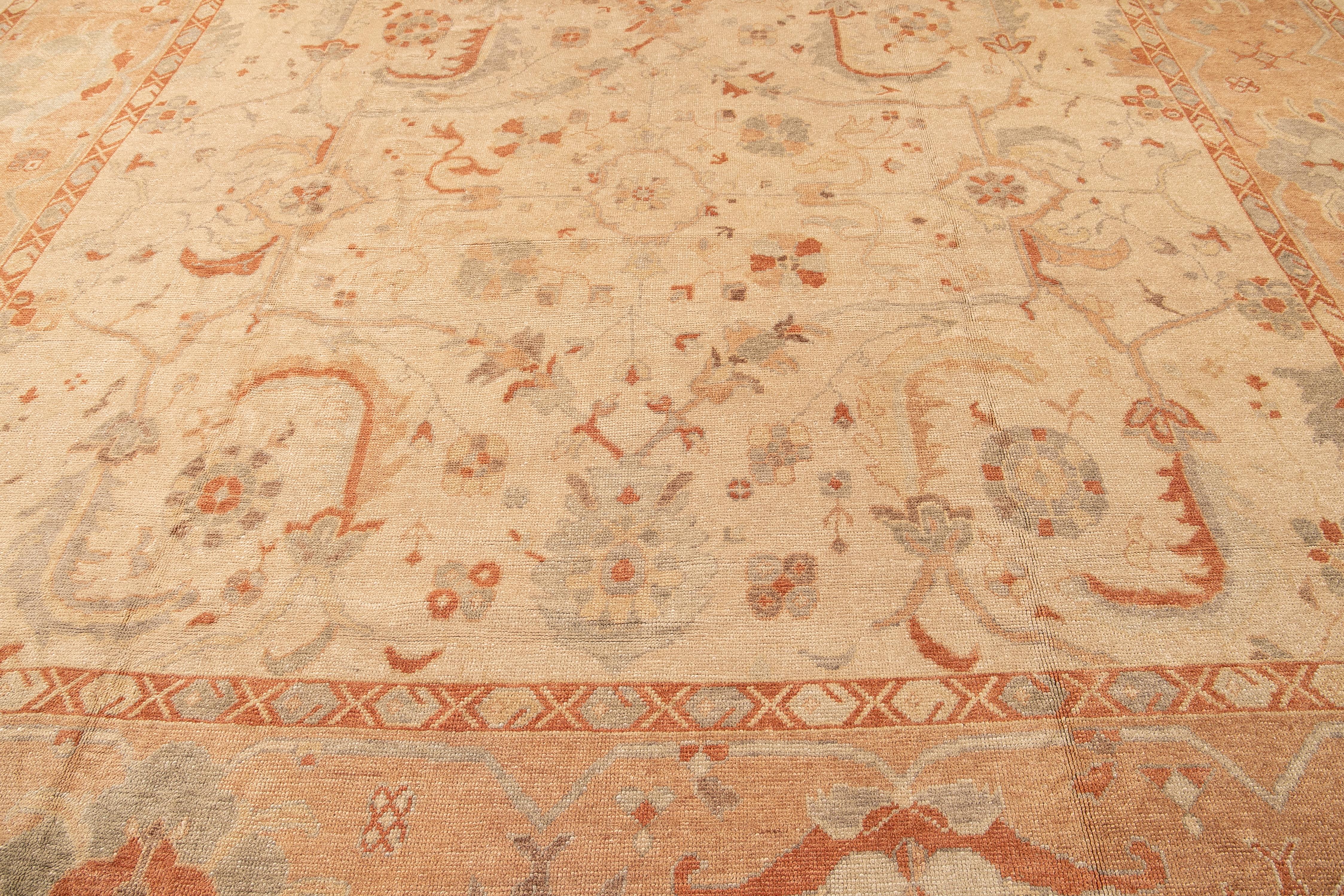 Antique Turkish Oushak Handmade Beige and Peach Floral Oversize Wool Rug For Sale 4
