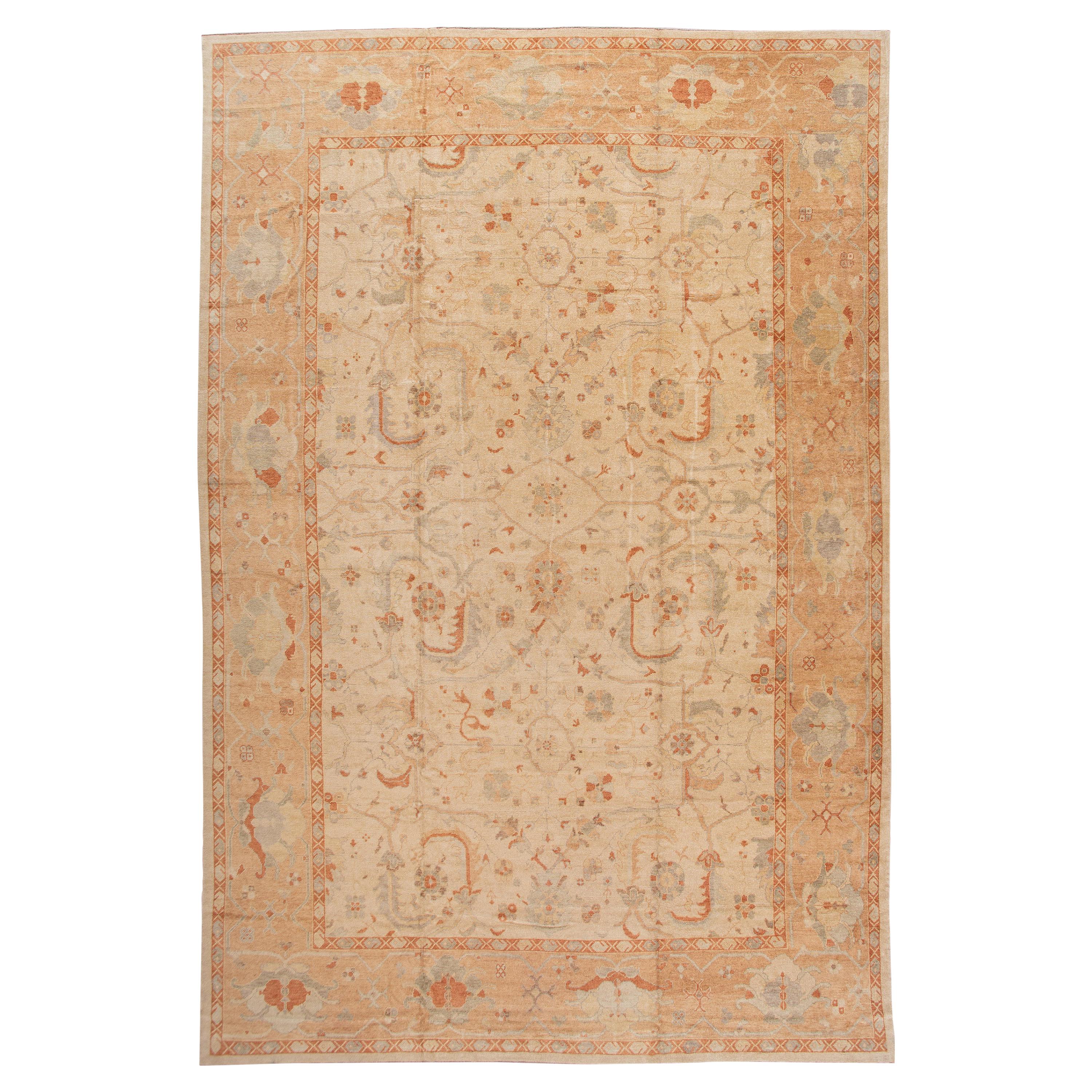 Antique Turkish Oushak Handmade Beige and Peach Floral Oversize Wool Rug