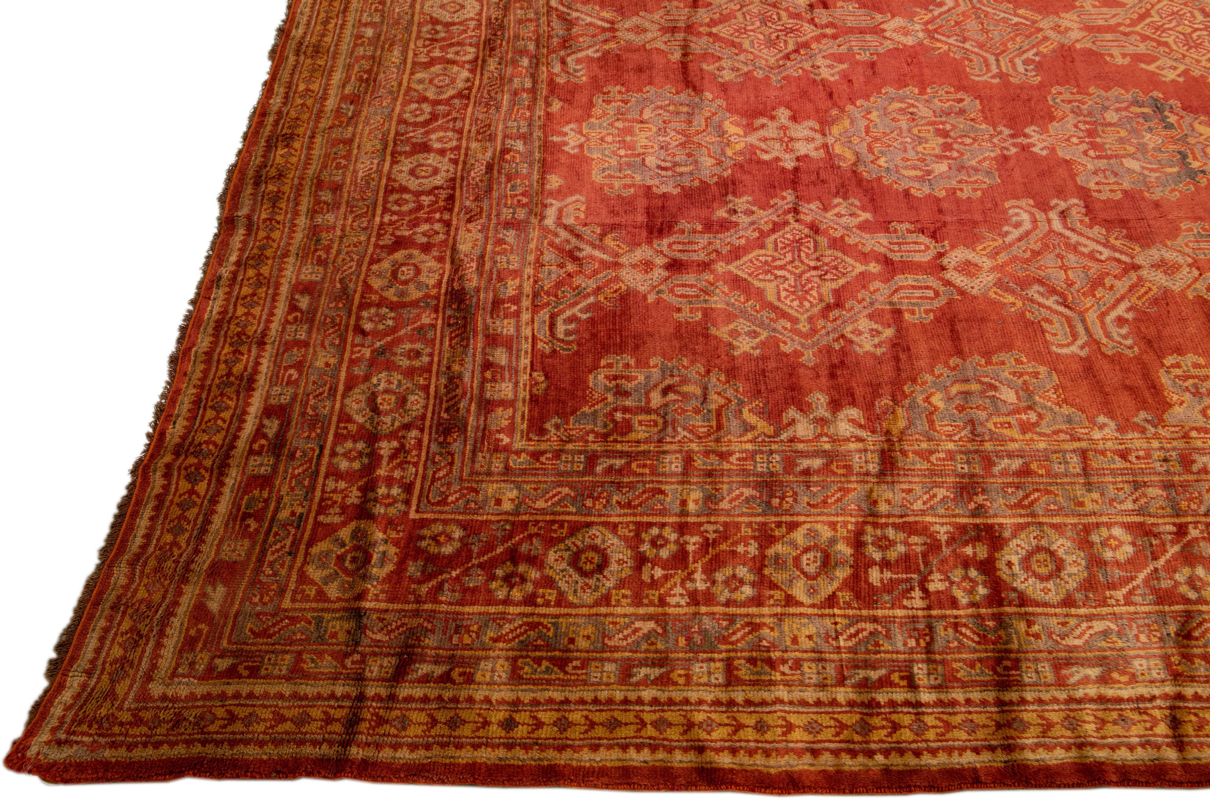 Antique Turkish Oushak Handmade Orange-Rust Wool Rug with Geometric Pattern In Excellent Condition For Sale In Norwalk, CT