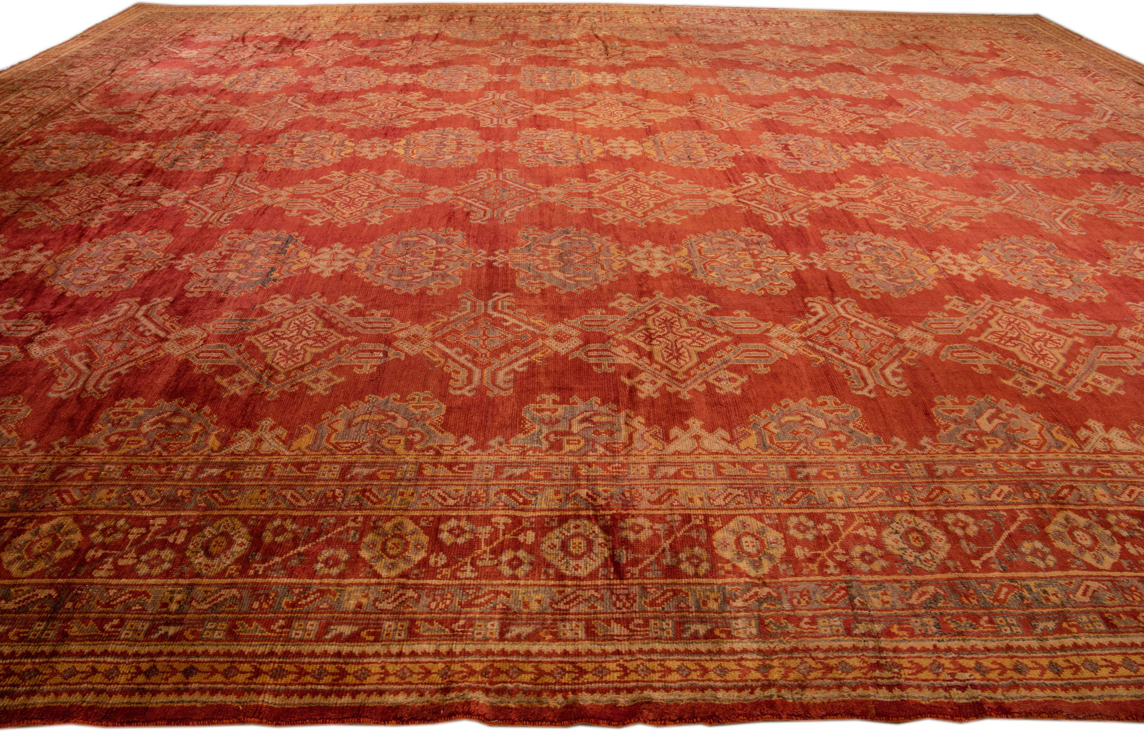 Antique Turkish Oushak Handmade Orange-Rust Wool Rug with Geometric Pattern For Sale 1
