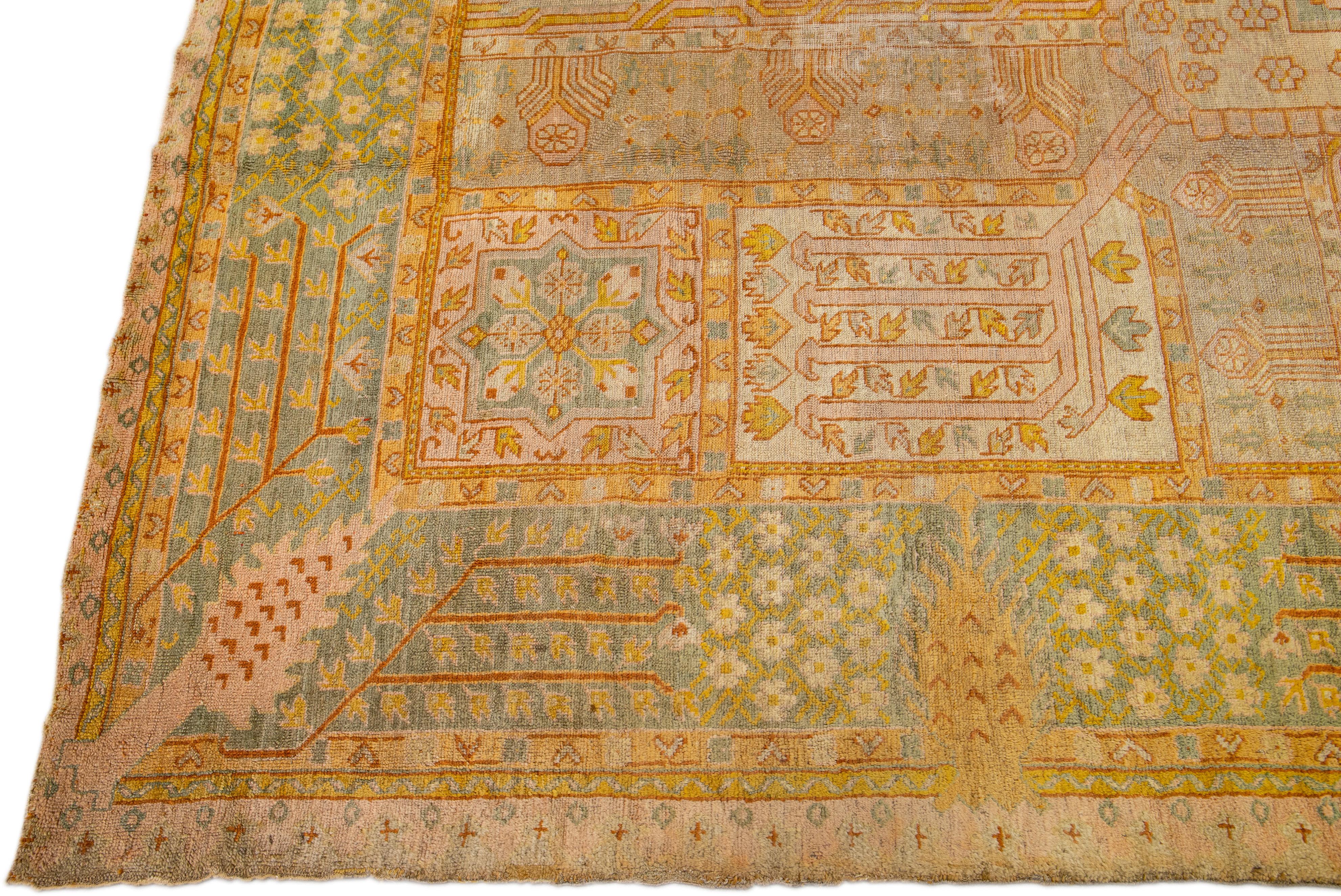 Antique Turkish Oushak Handmade Tan Wool Rug with Allover Designed In Excellent Condition For Sale In Norwalk, CT