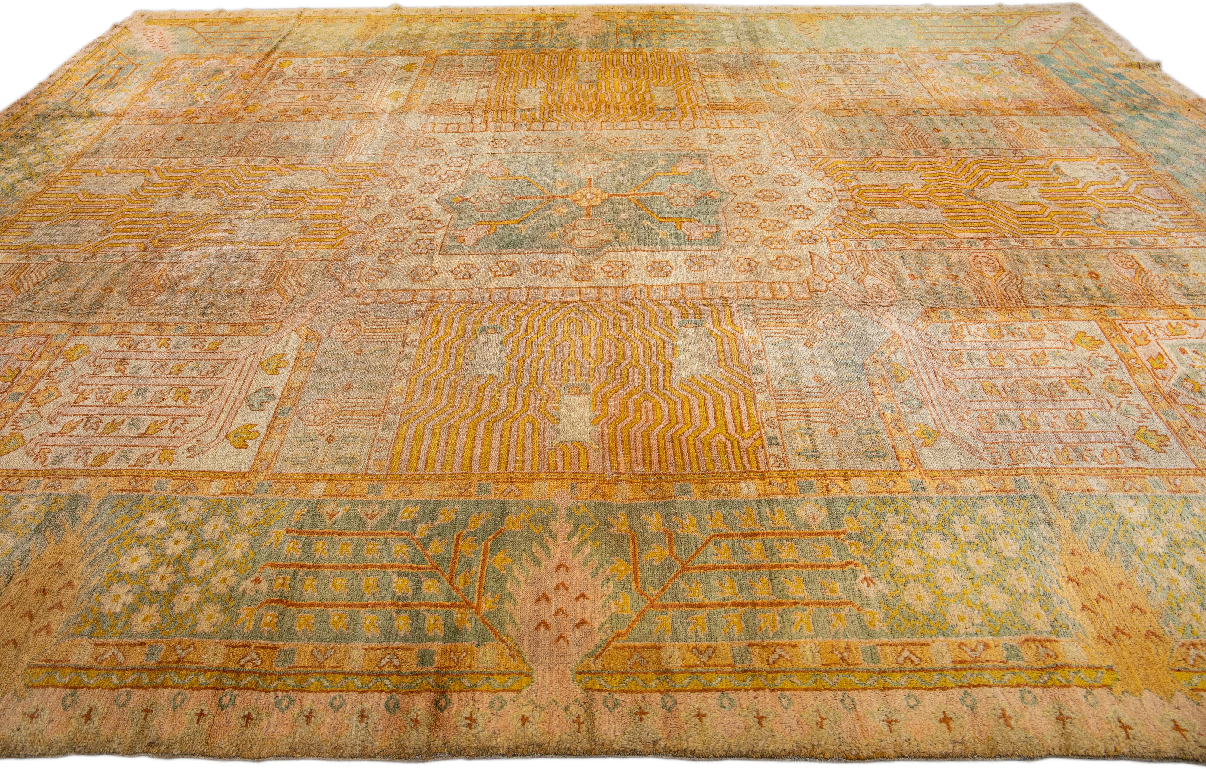 19th Century Antique Turkish Oushak Handmade Tan Wool Rug with Allover Designed For Sale