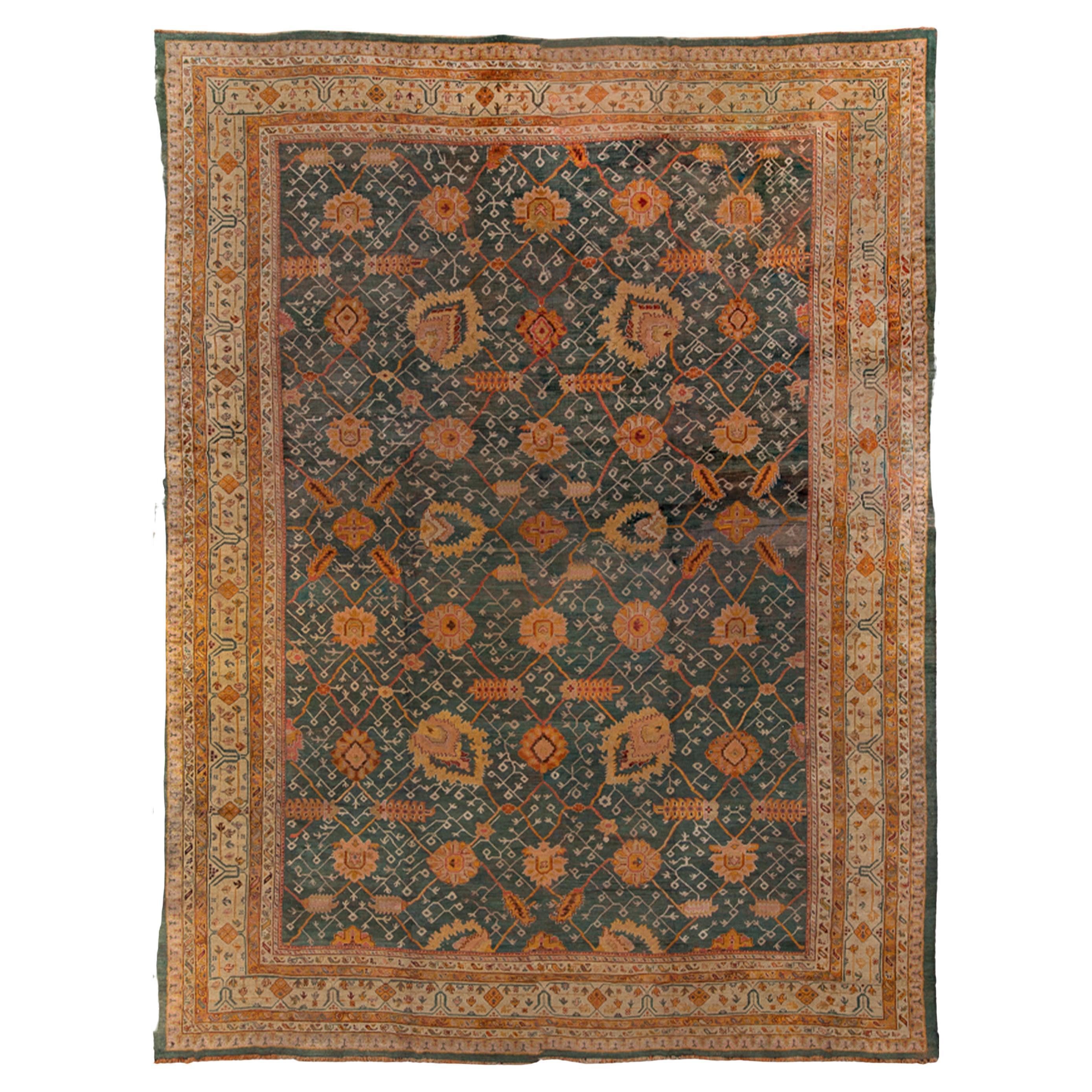 Antique Turkish Oushak Handwoven Luxury Wool Multi Rug 15'-3" X 19'-9" Size For Sale
