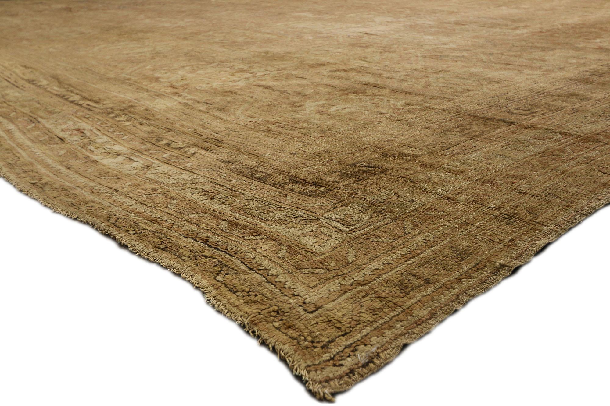 73446 Antique Turkish Oushak Palace Rug with Warm Rustic Craftsman Cottage Style. With a warm, rich color palette, rustic vibes, and subtle sophistication, this hand knotted wool antique Turkish Oushak rug embodies Craftsman style with an inviting