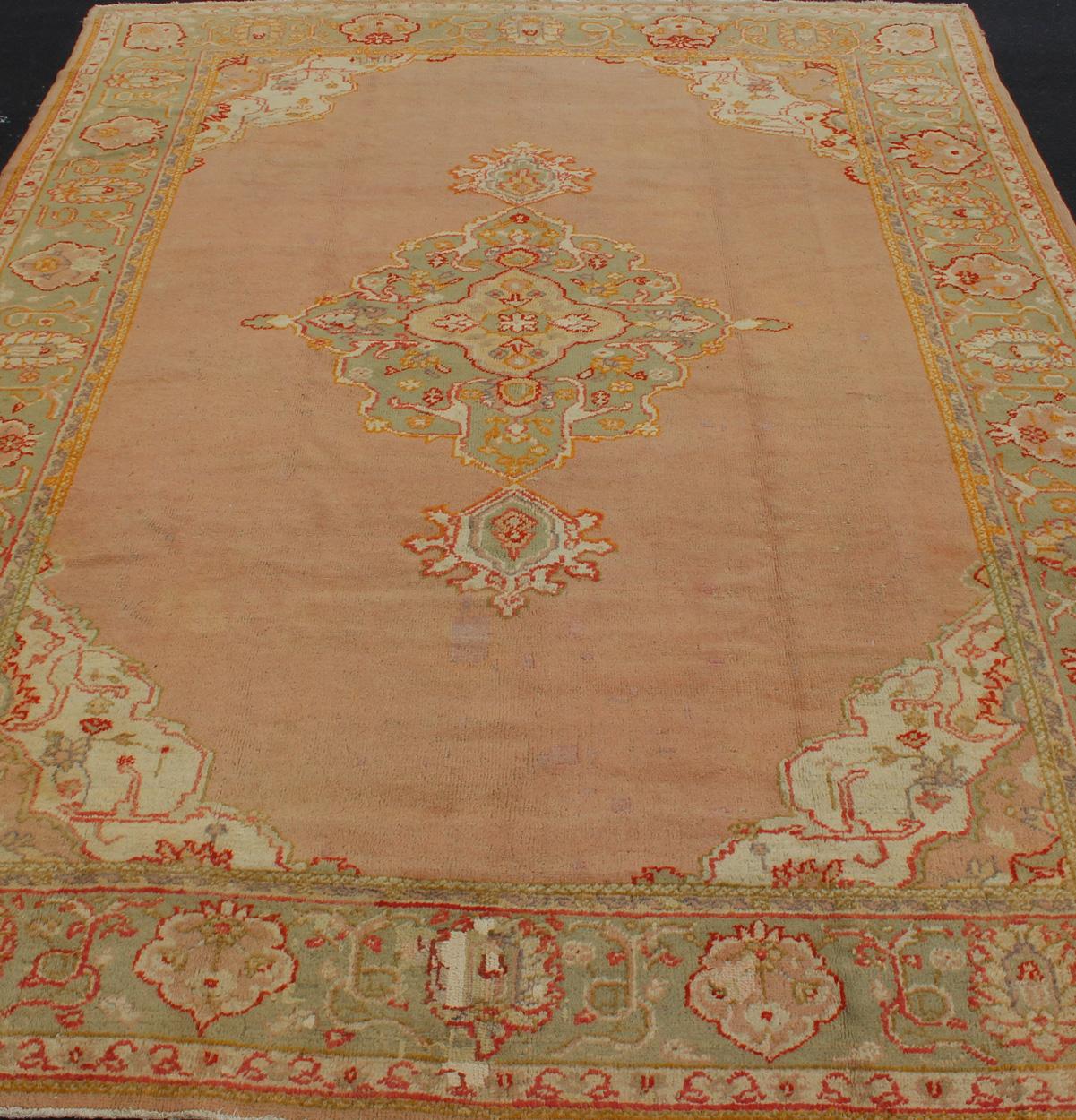 Antique Turkish Oushak in Pink Background and Light Green Border For Sale 5
