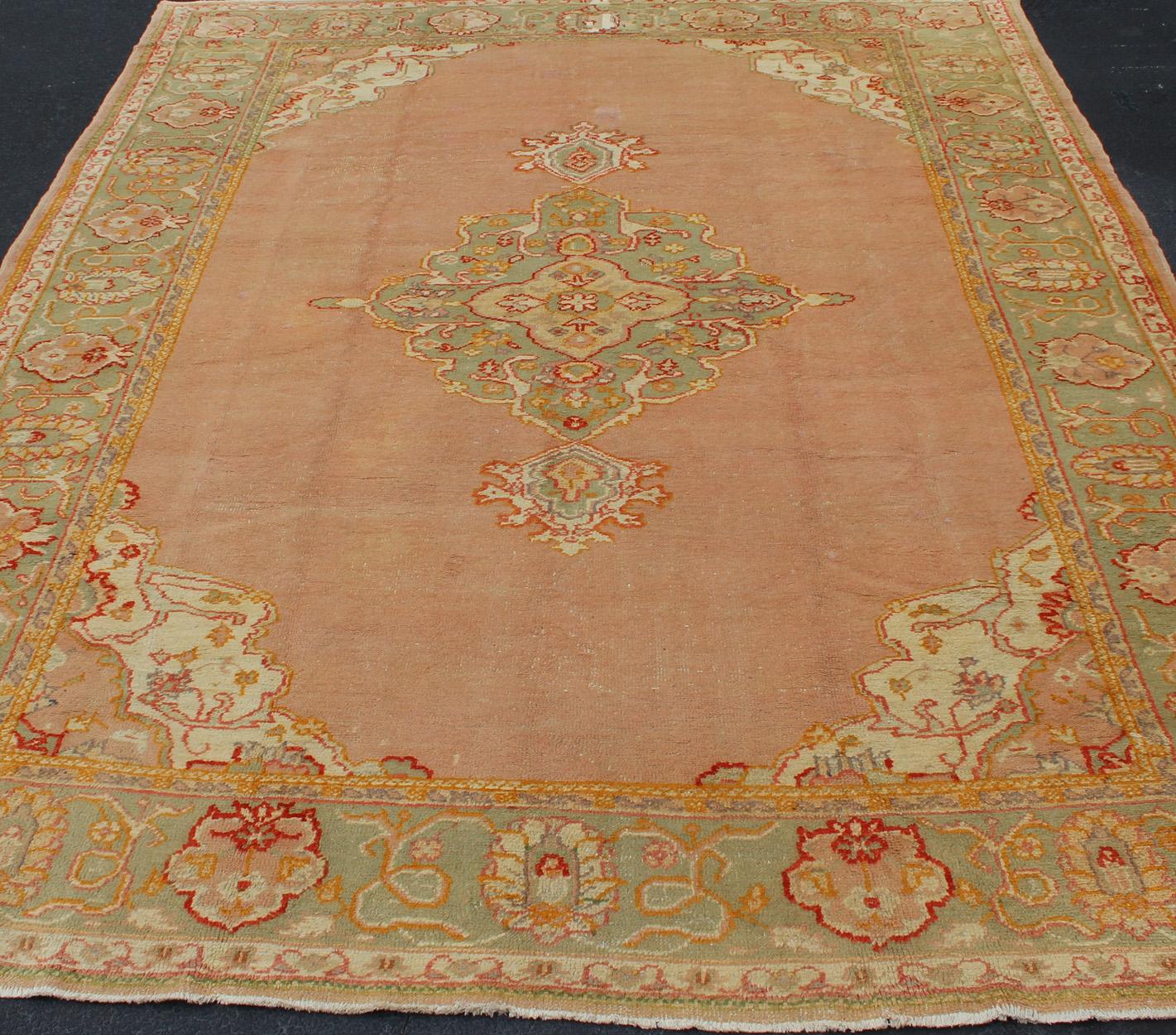 Antique Turkish Oushak in Pink Background and Light Green Border For Sale 9