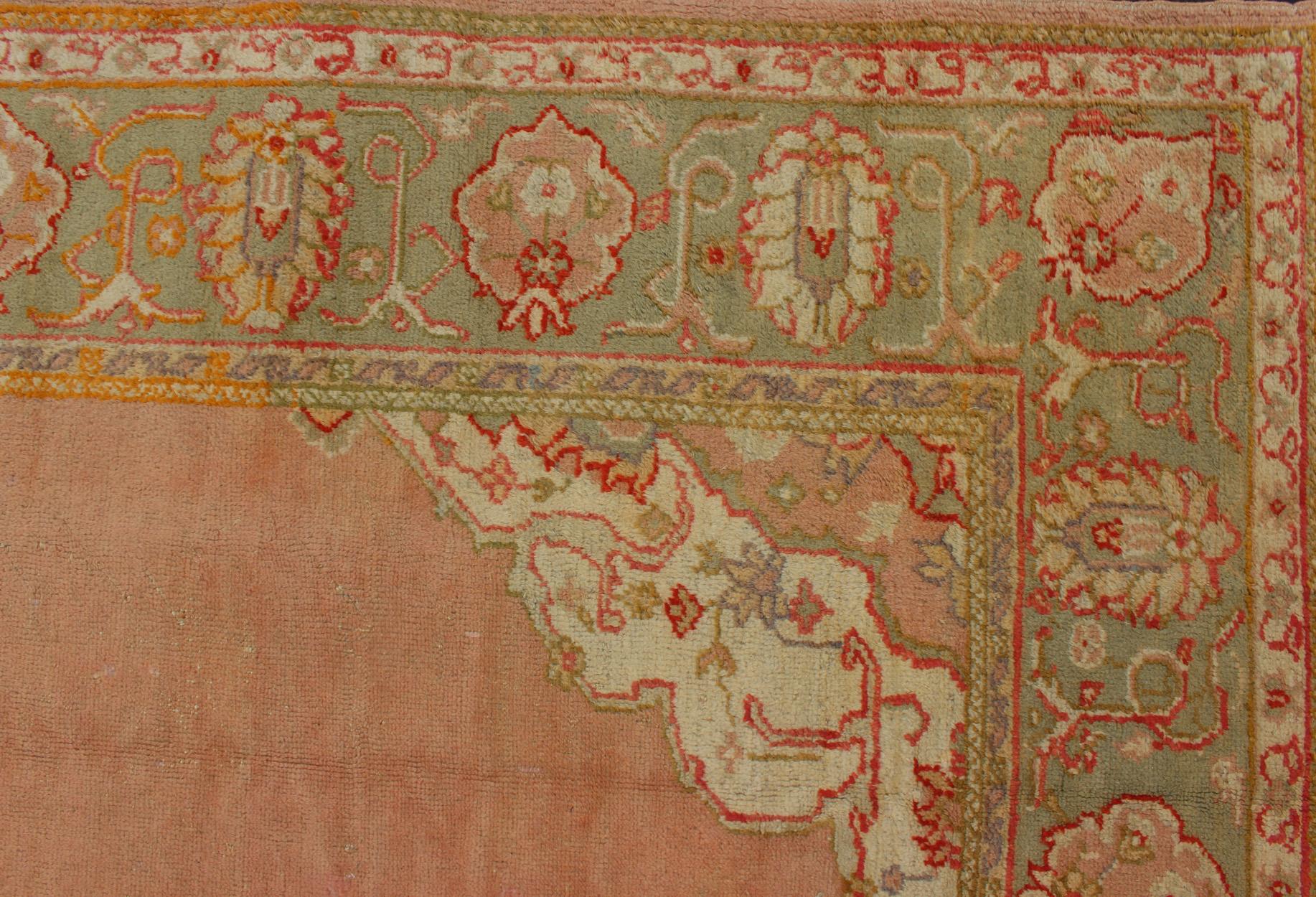 Antique Turkish Oushak in Pink Background and Light Green Border For Sale 3