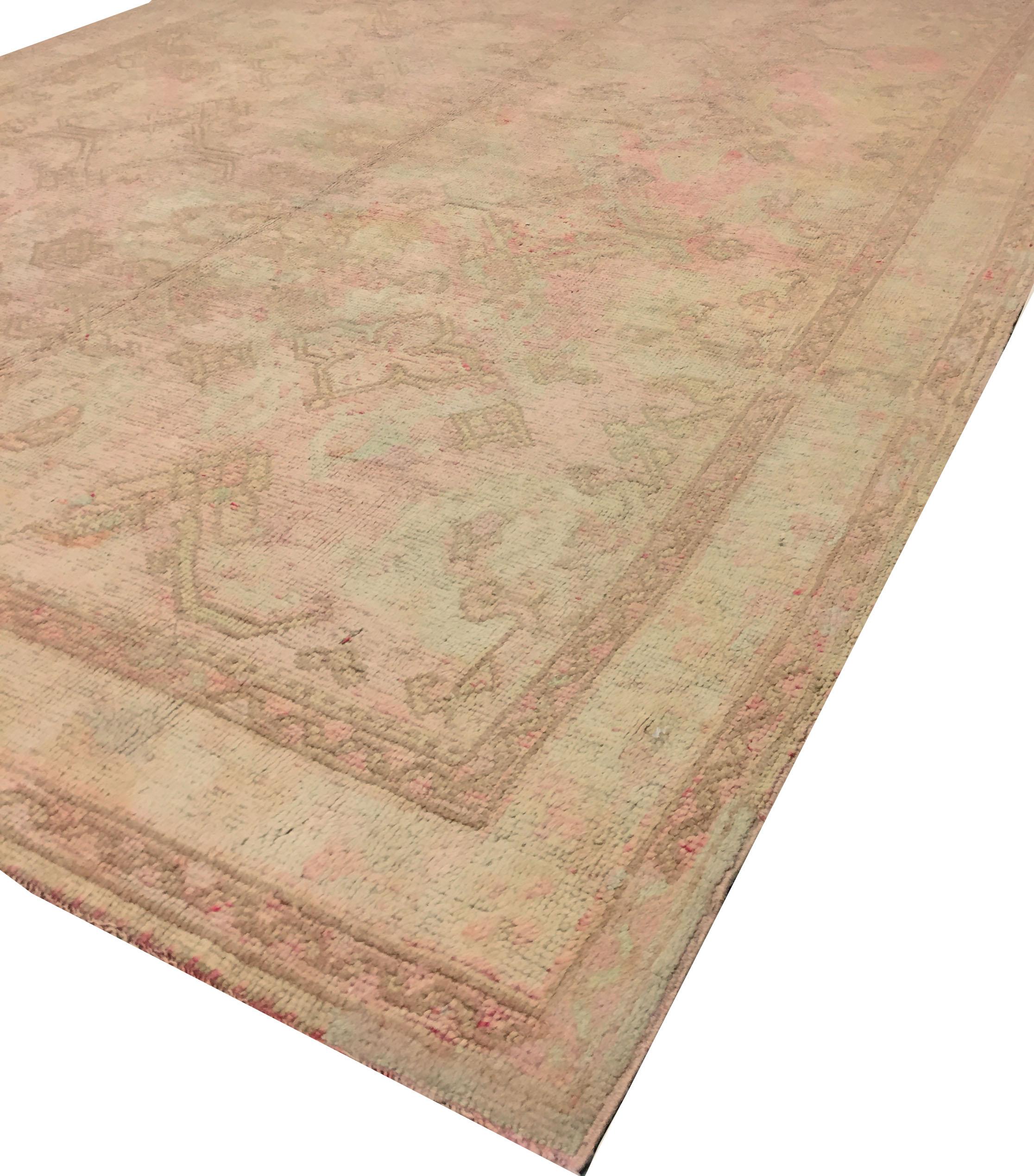 Antique Turkish Oushak Kelleh rug circa 1900 8'1 x 17'2. An unusual and special size for this gallery antique Oushak rug. Oushak's are known for their soft palettes combined with eccentric drawing. Oushak in western Turkey has the longest continuous