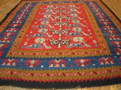 1900s Red Tribal Floral Antique Turkish Oushak Kilim 9'9" x12'6" Wool Carpet Rug