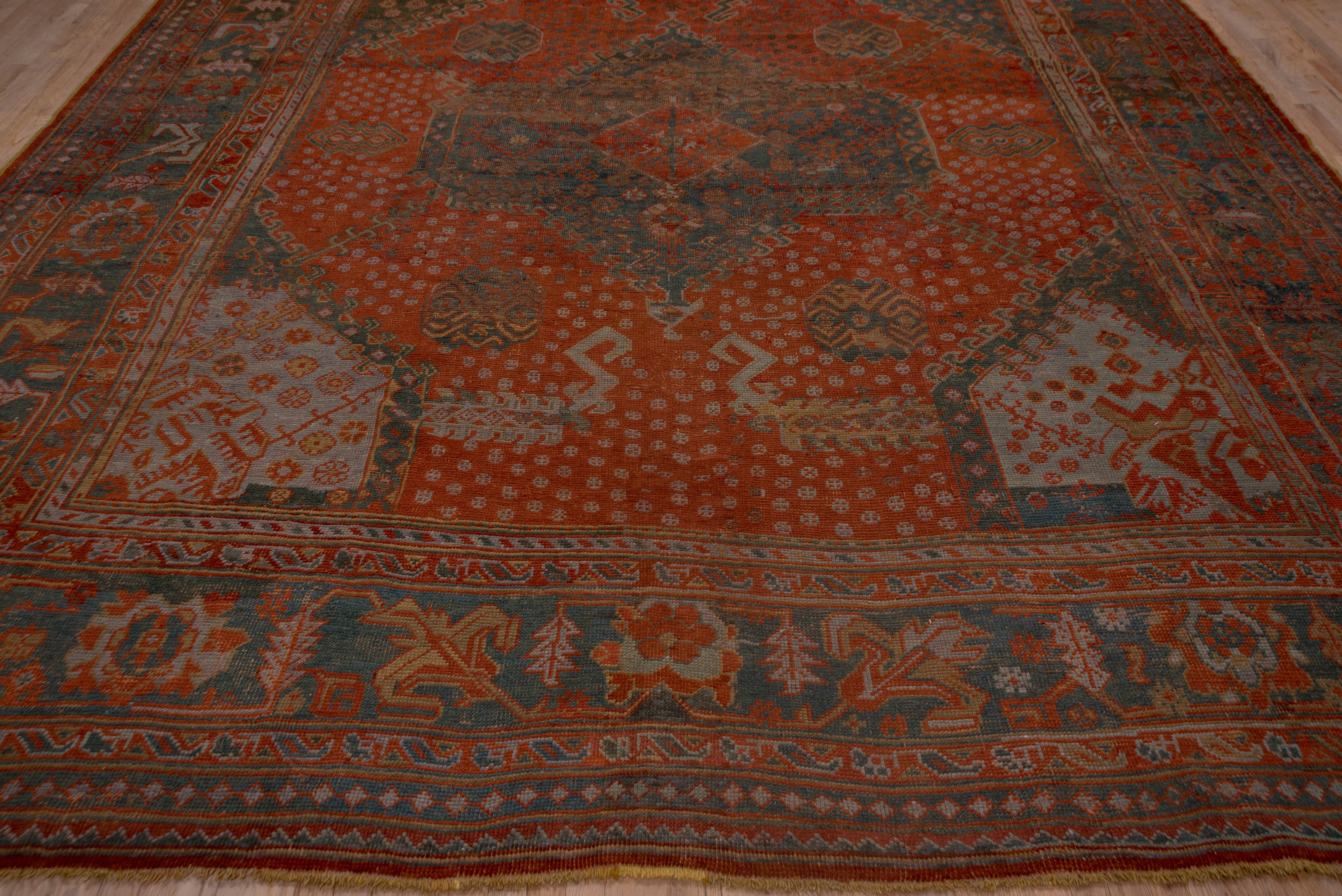 Early 20th Century Antique Turkish Oushak Large Carpet, Orange & Teal Palette, Circa 1920s For Sale