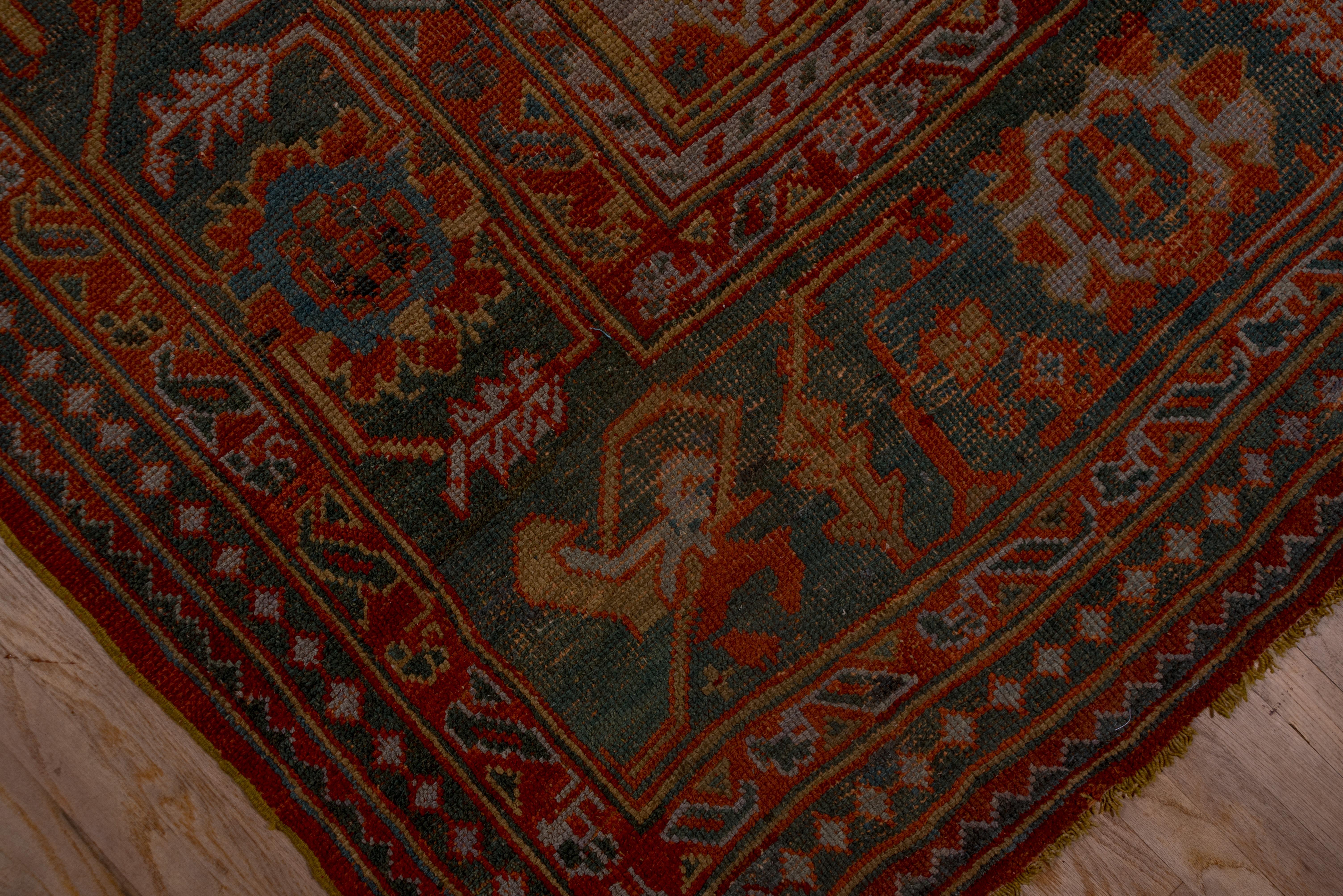 Grand tapis turc ancien d'Oushak, palette orange et sarcelle, vers les années 1920 en vente 1
