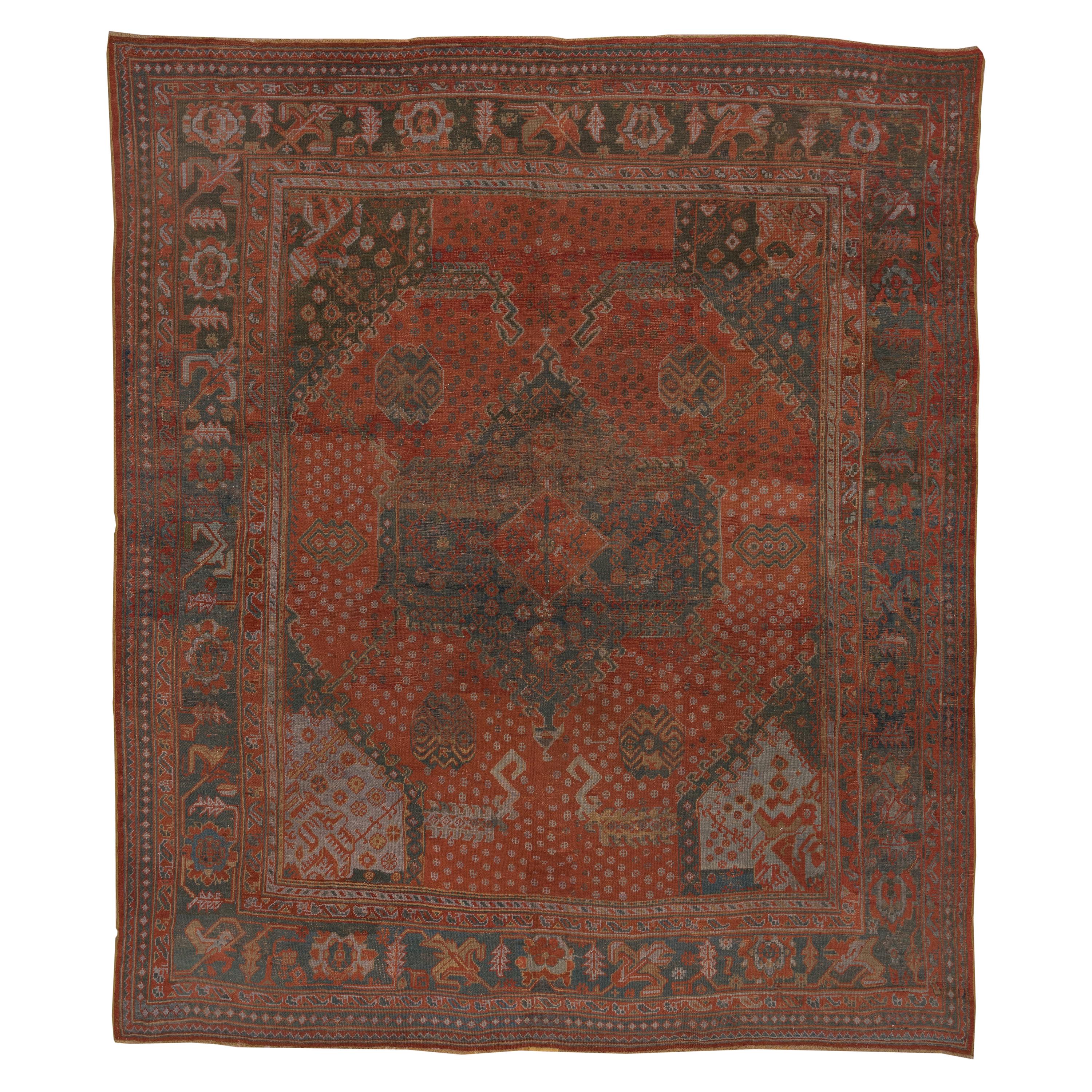 Grand tapis turc ancien d'Oushak, palette orange et sarcelle, vers les années 1920 en vente