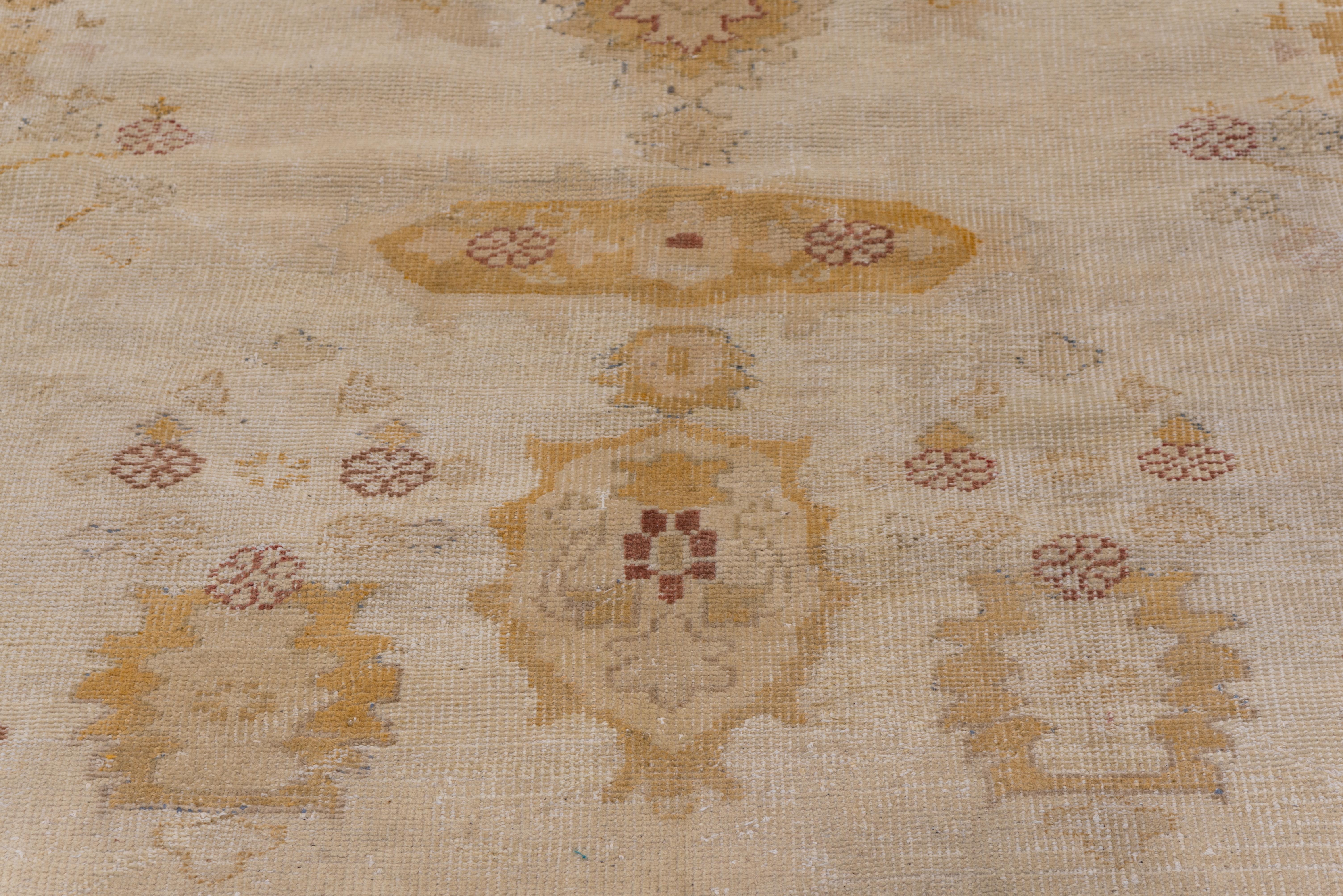 Hand-Knotted Antique Turkish Oushak Mansion Rug, Light Beige Field, Yellow Gold Borders For Sale