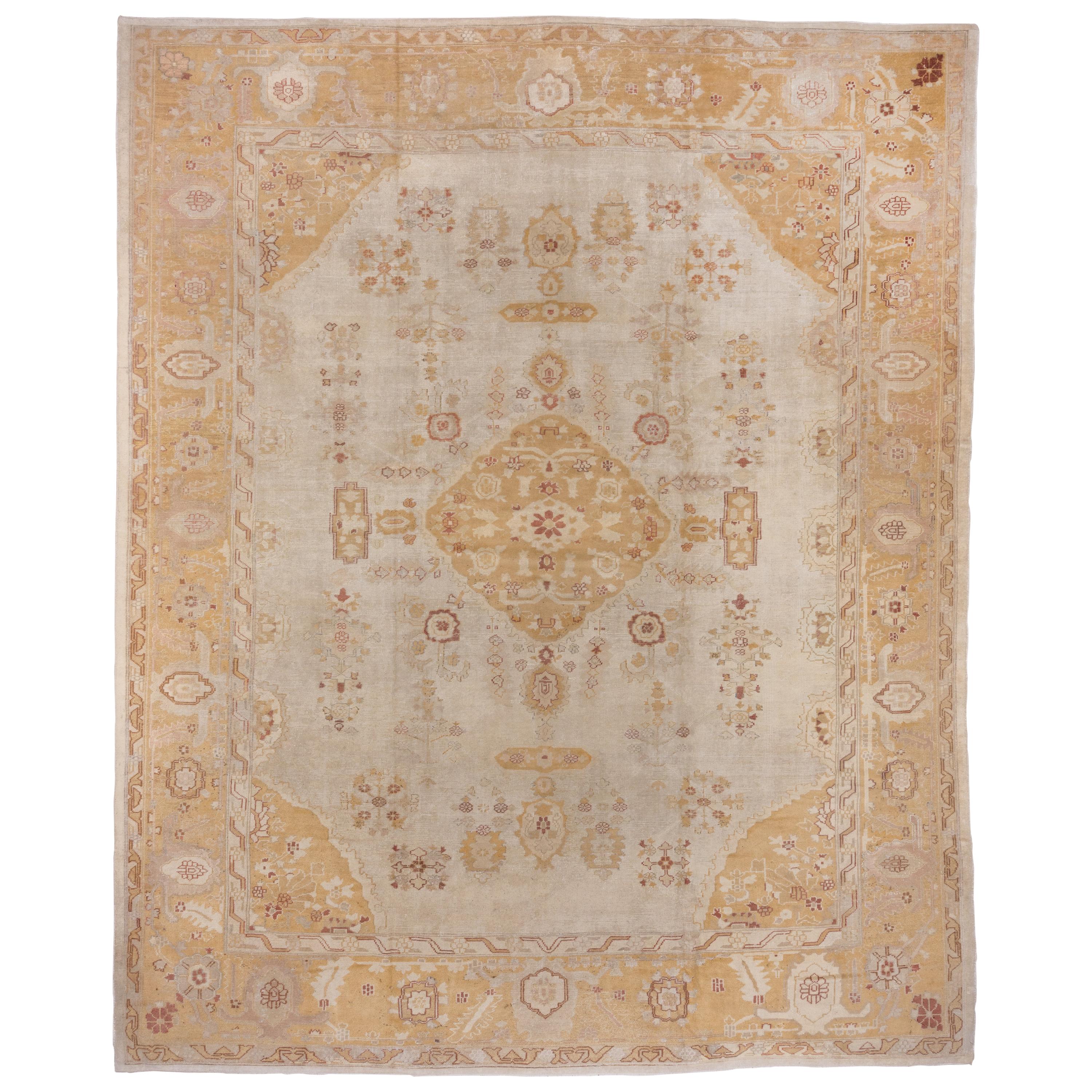 Antique Turkish Oushak Mansion Rug, Light Beige Field, Yellow Gold Borders For Sale