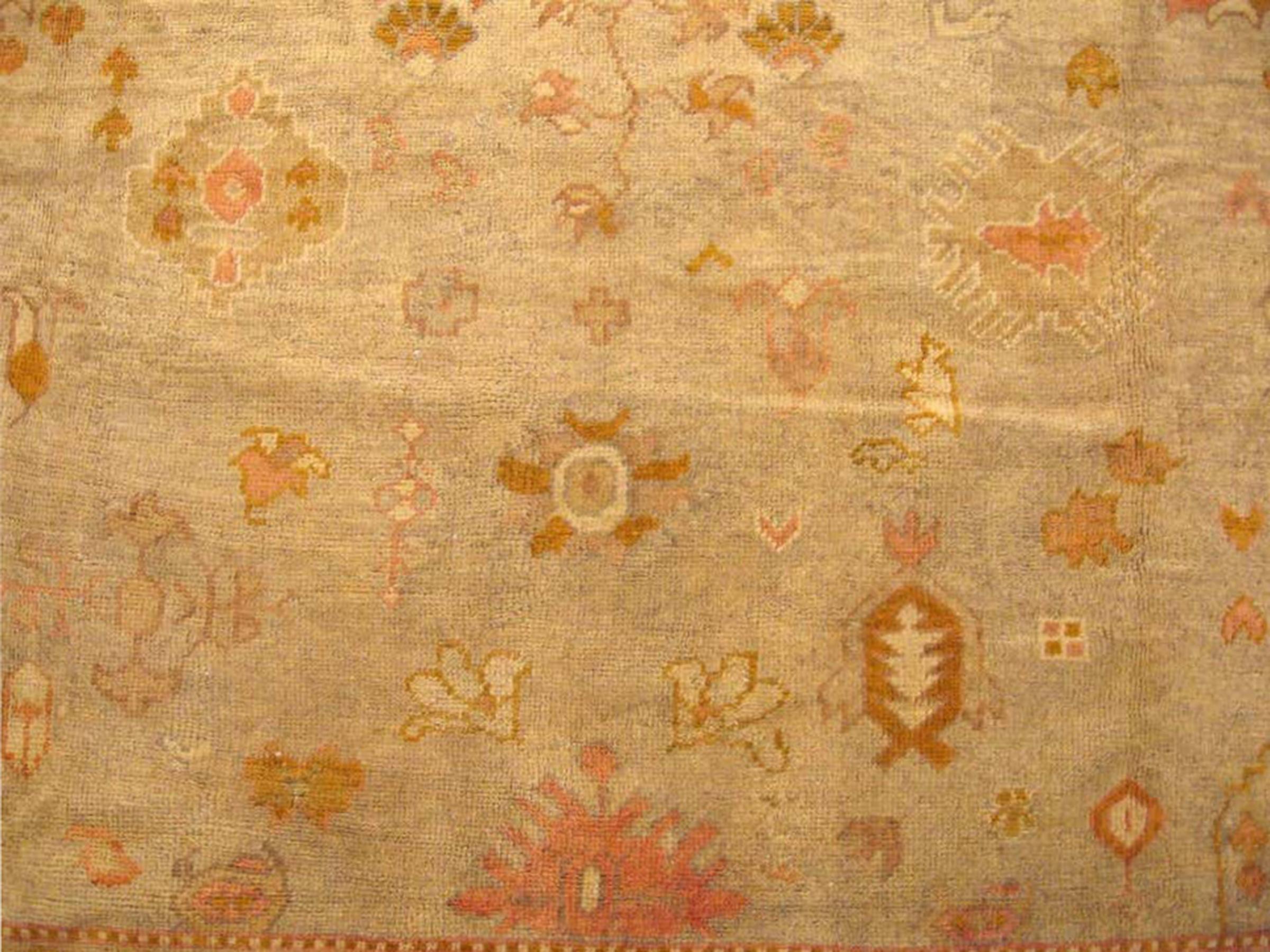 Wool Antique Turkish Oushak Oriental Carpet, Large Size, Soft Colors & Allover Design For Sale