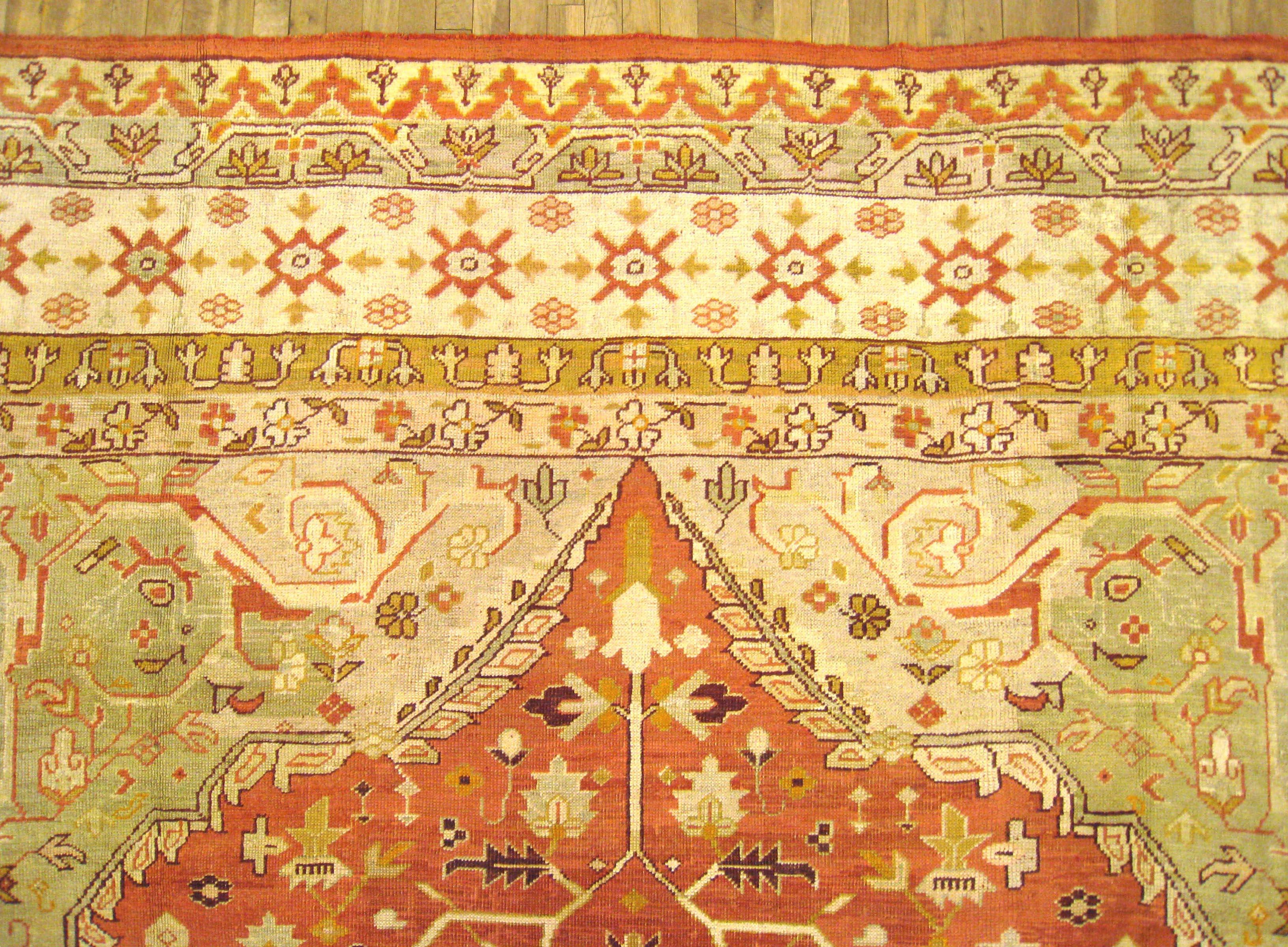 Wool Antique Turkish Oushak Oriental Carpet, Oversize, with Medallion & Corner Design For Sale