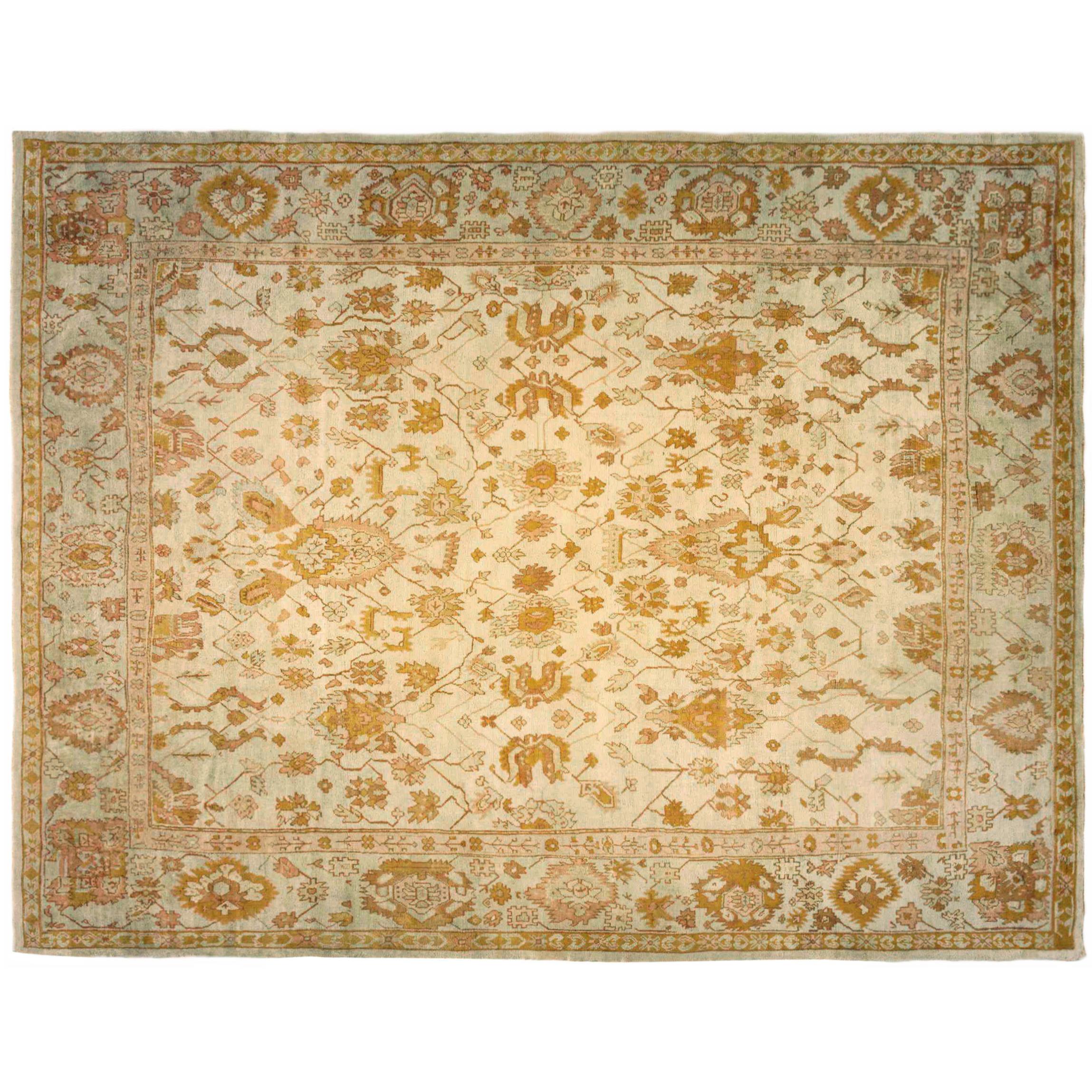 Antique Turkish Oushak Oriental Rug, Large Size, w/ Allover Design & Soft Colors For Sale