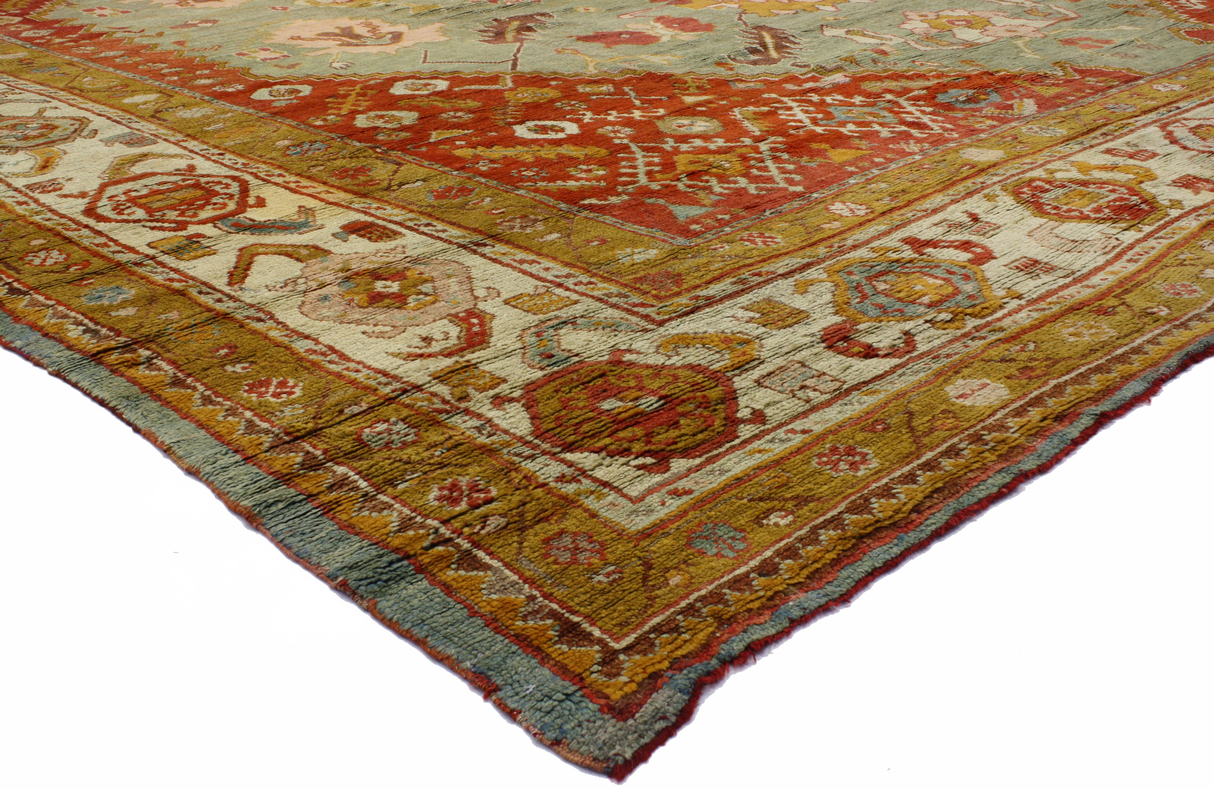 73047 Antique Turkish Oushak Oversize Rug with Traditional Style and Modern Design 16' x 19'. A colorful hand-knotted antique Turkish Oushak carpet featuring vibrant colors of rustic orange, golden saffron yellow, misty mint, cream beige, ice blue