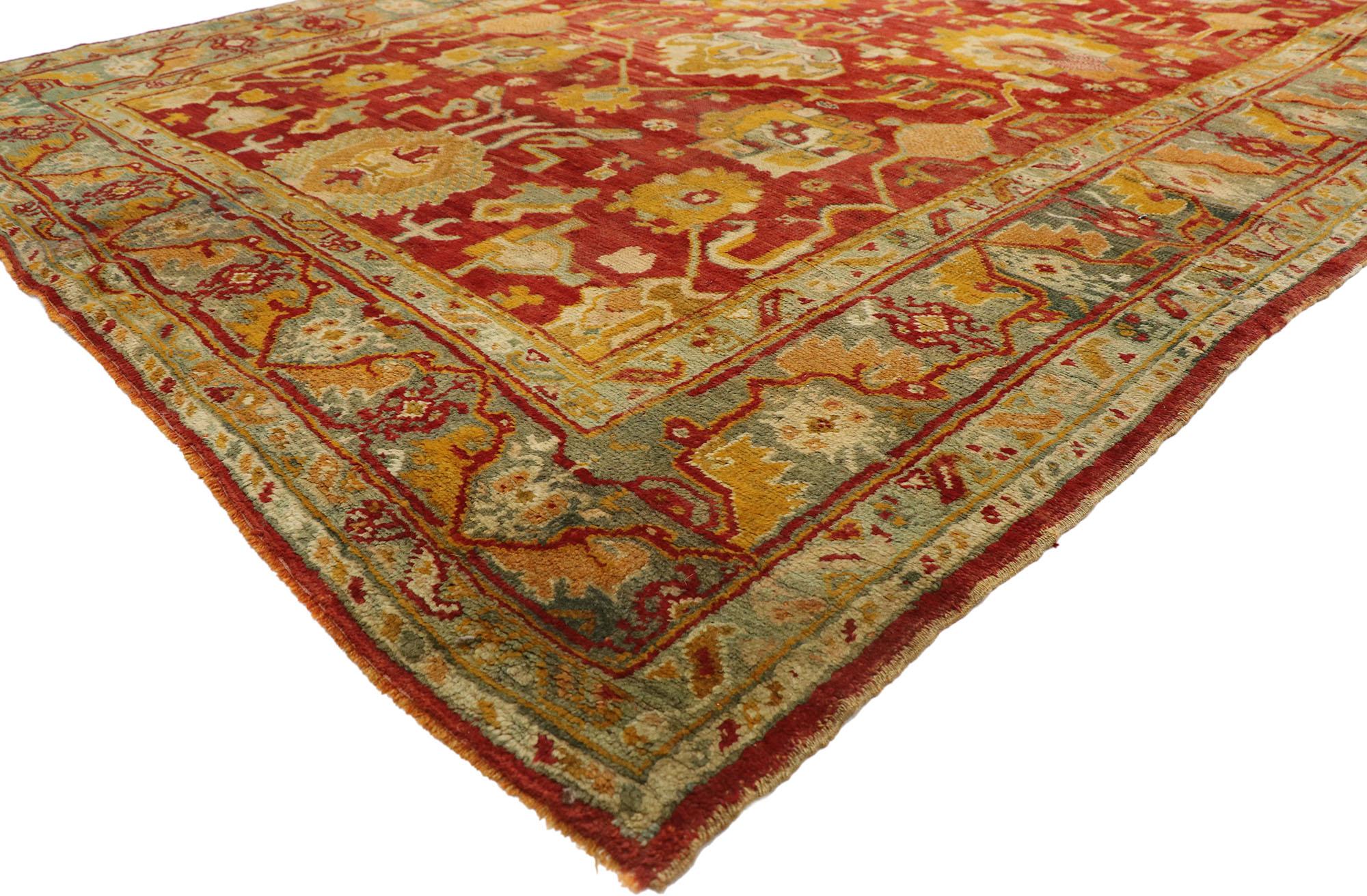 77155 antique Turkish Oushak Palace Gallery rug with Luxe Arts & Crafts style 06'09 x 32'01. The architectural elements of naturalistic forms combined with Arts & Crafts style, this hand knotted wool antique Turkish Oushak palace gallery rug