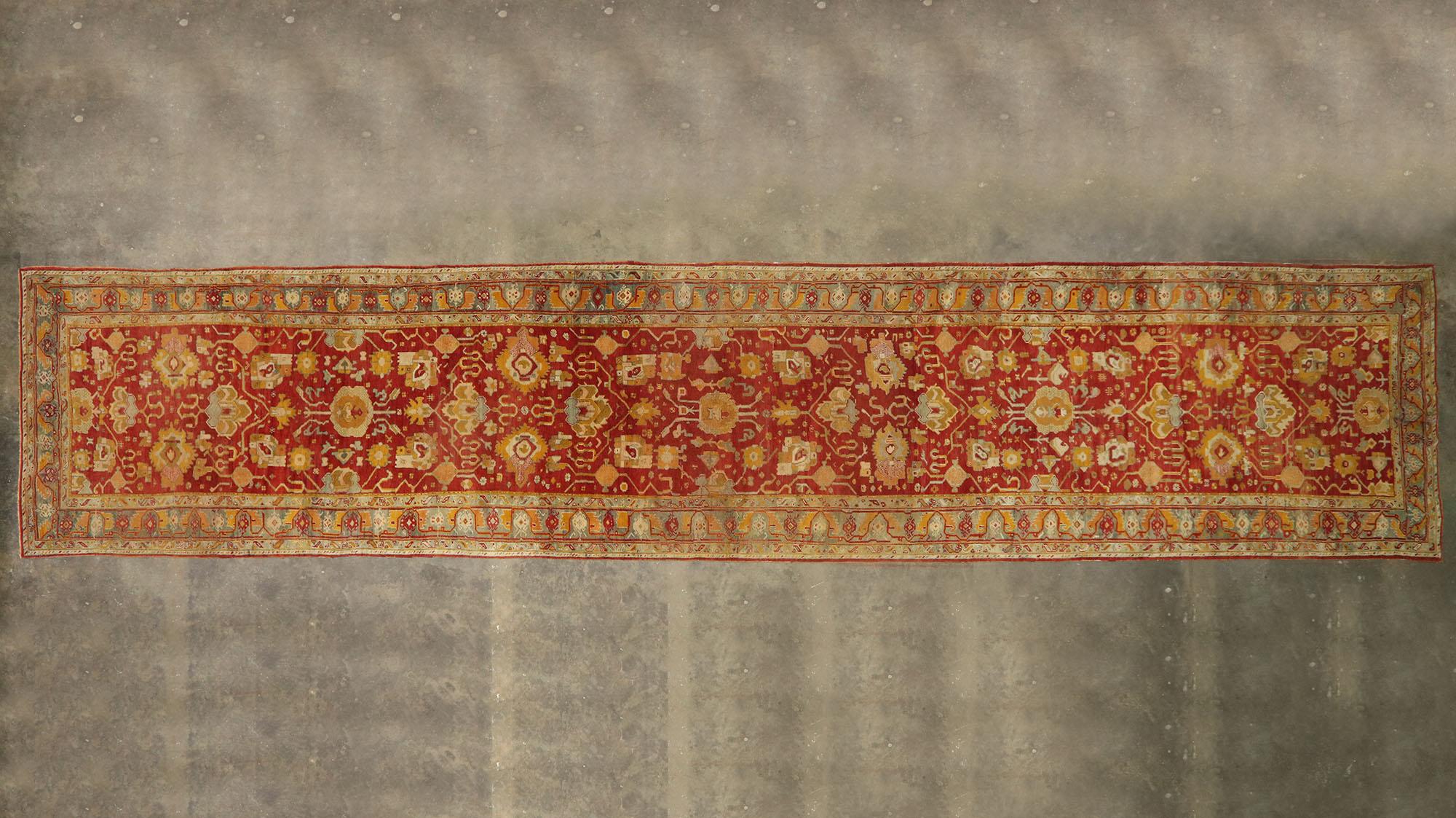 1880s Antique Turkish Oushak Rug Extra Long Hotel Lobby Size Carpet For Sale 1